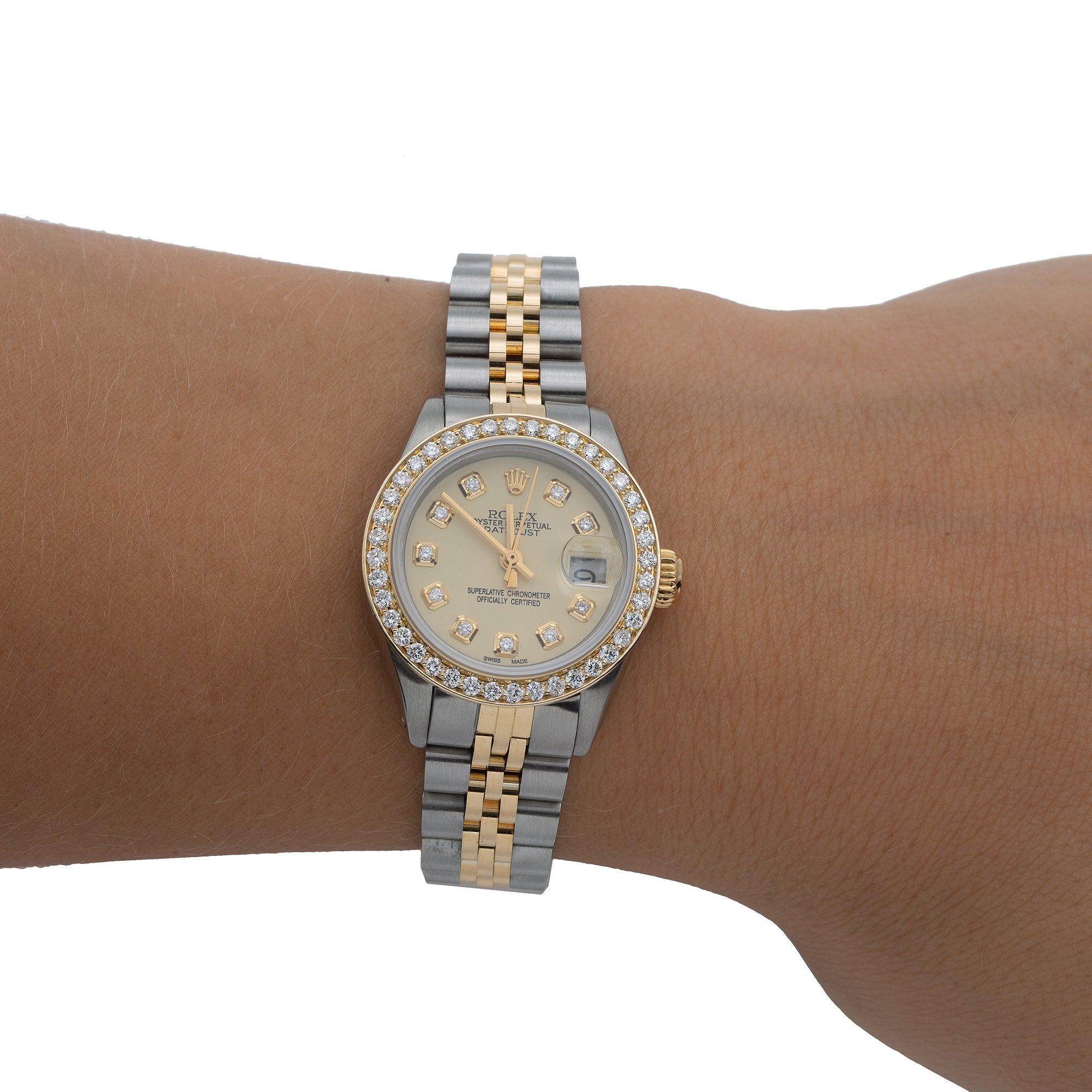 Rolex Datejust 26MM 69173 Champagne Diamond Dial Diamond Bezel Two Tone Yellow Gold Jubilee Bracelet 1.2ct