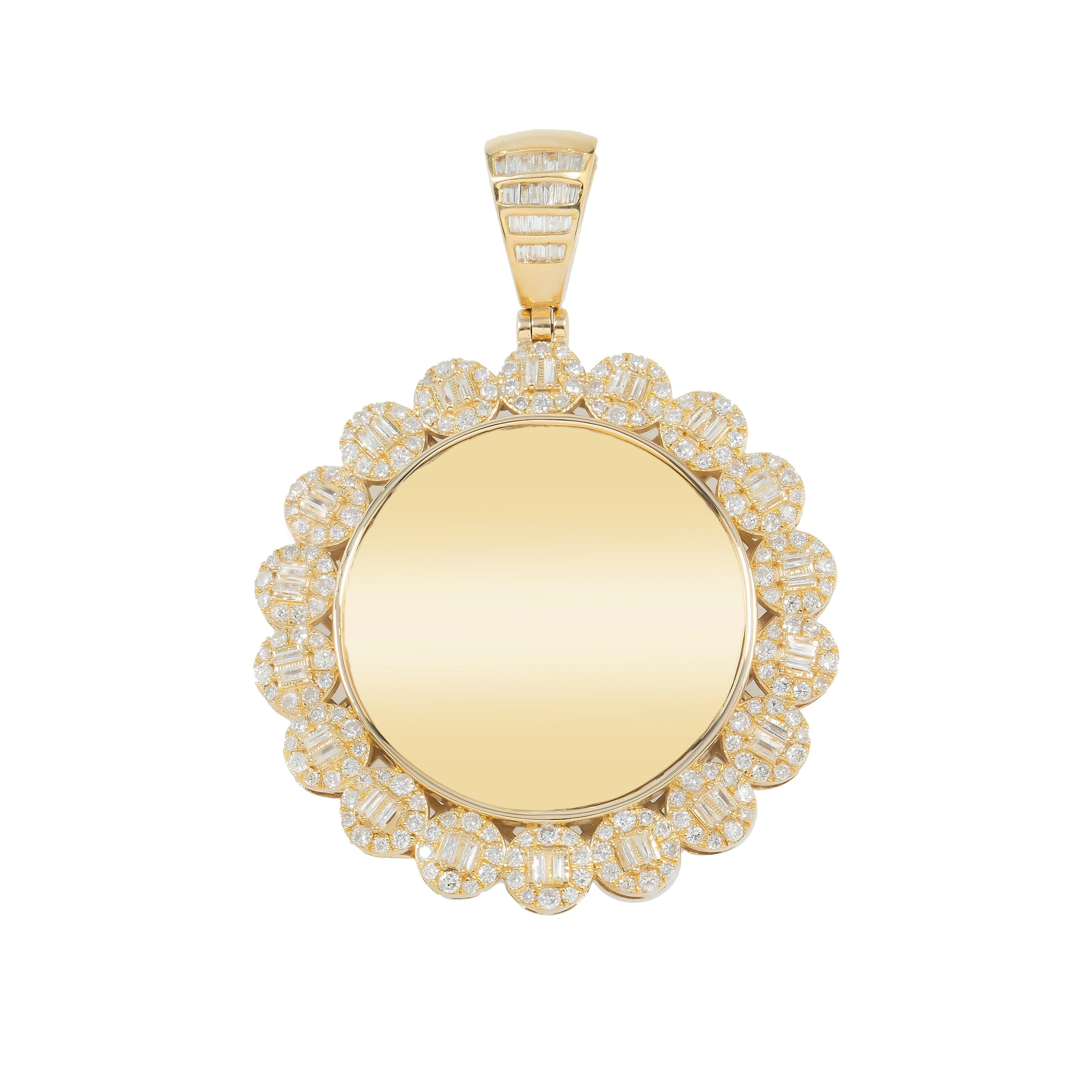 14K GOLD BAGUETTE AND ROUND DIAMOND CIRCLE PICTURE PENDANT 2.62 CT