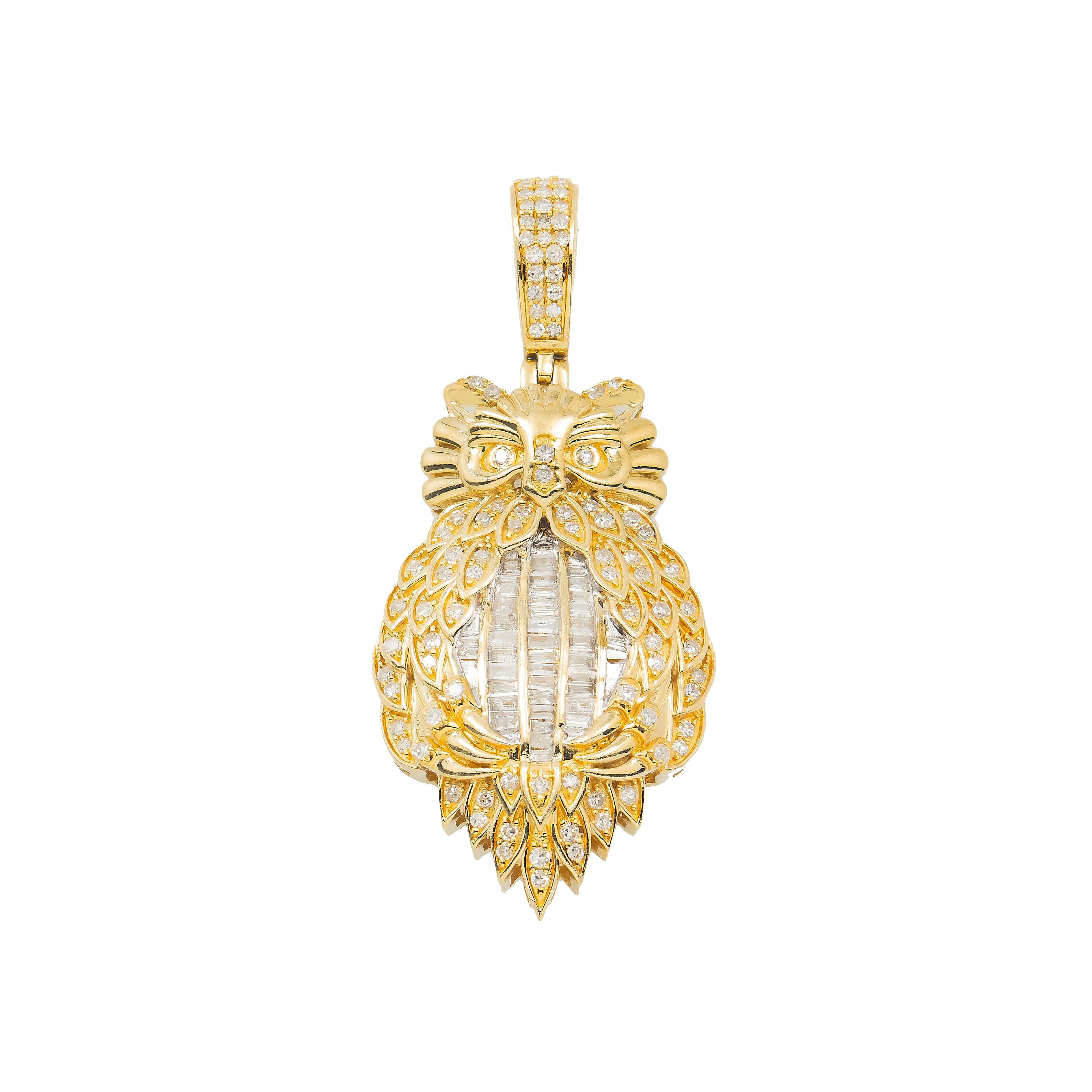 14K GOLD BAGUETTE DIAMOND OWL PENDANT 1.00 CT