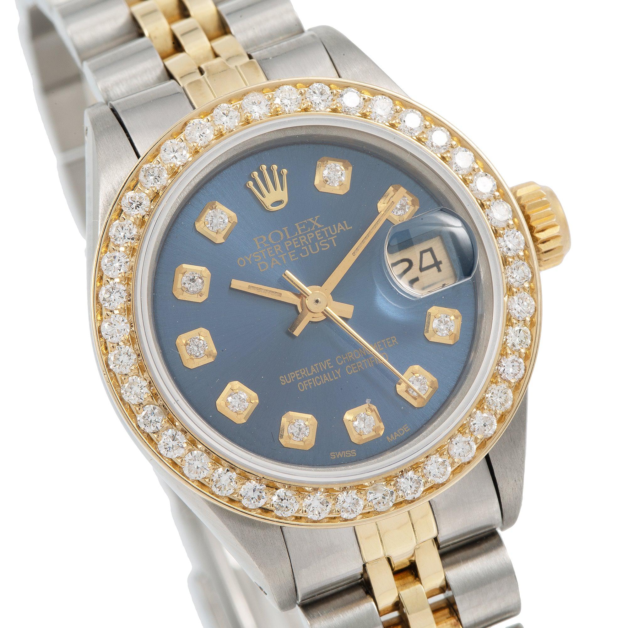 Rolex Datejust 26MM 69173 Blue Diamond Dial Diamond Bezel Two Tone Jubilee Bracelet 1.2ct