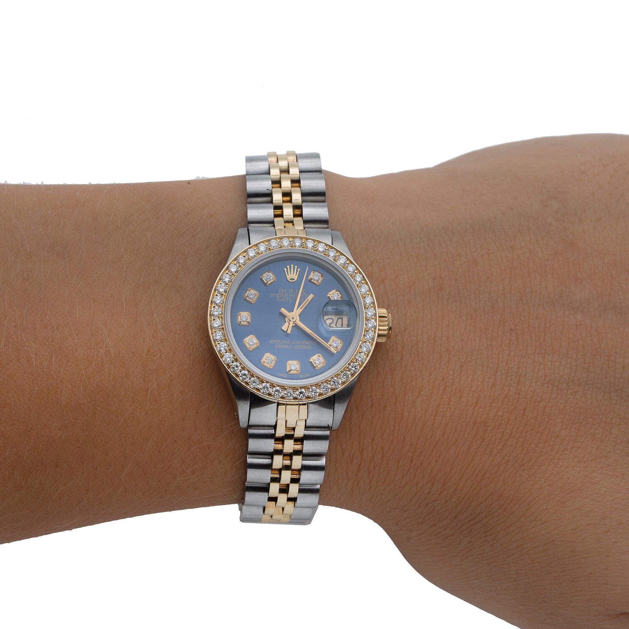 Rolex Datejust 26MM 69173 Blue Diamond Dial Diamond Bezel Two Tone Jubilee Bracelet 1.2ct