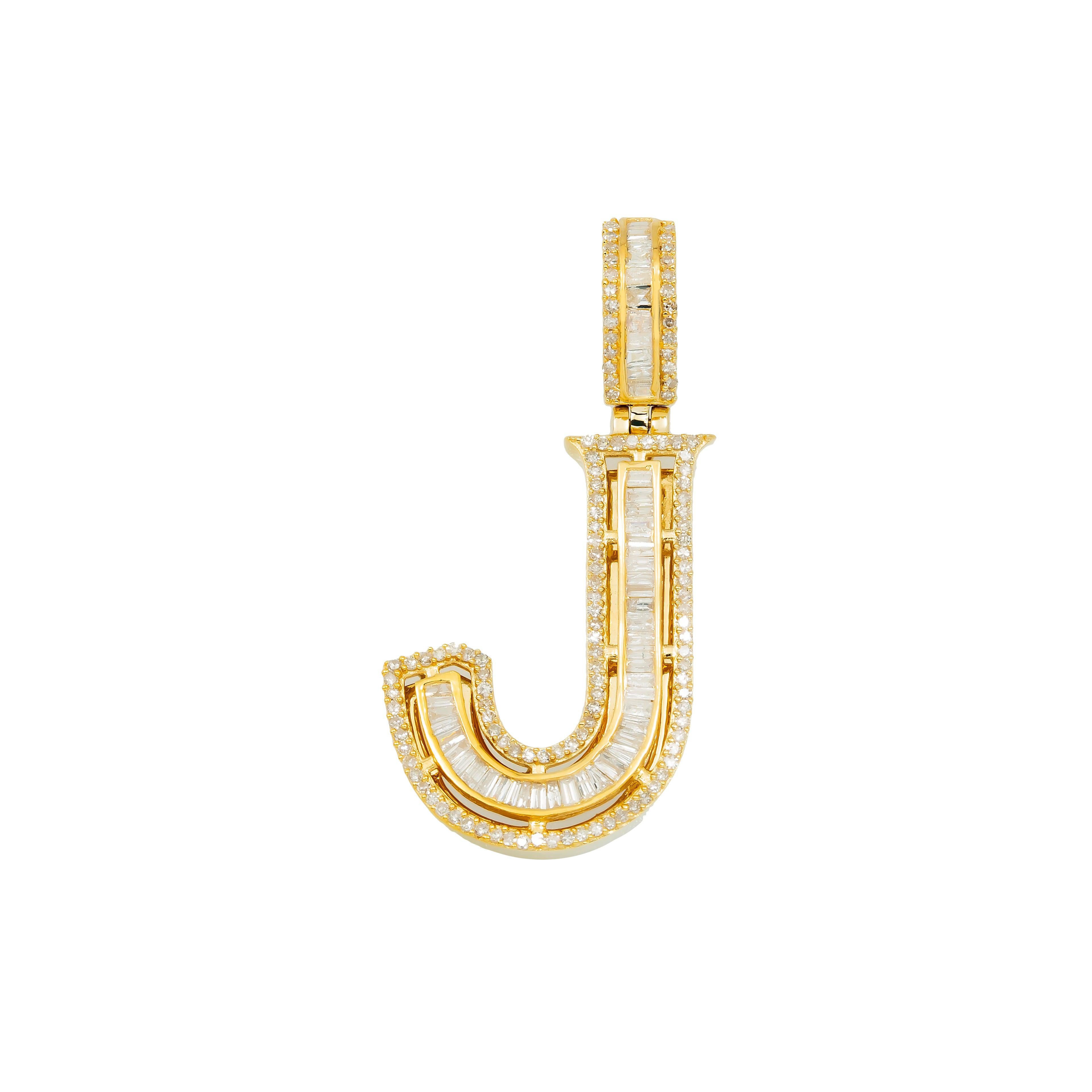 14K GOLD BAGUETTE DIAMOND INITIAL LETTER J PENDANT 0.88 CT