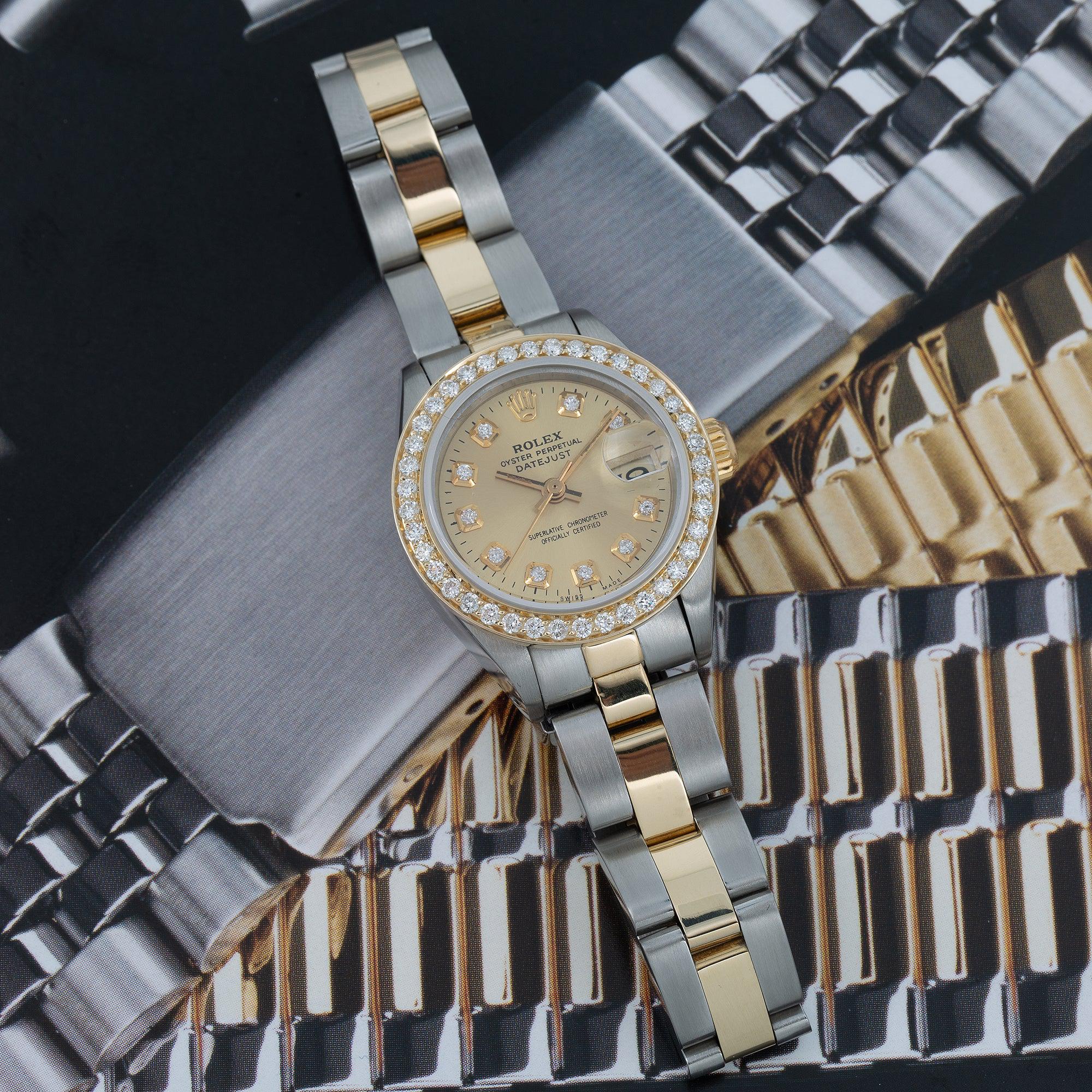 Rolex Datejust 26MM 69173 Champagne Diamond Dial Diamond Bezel Two Tone Yellow Gold Oyster Bracelet 0.9ct