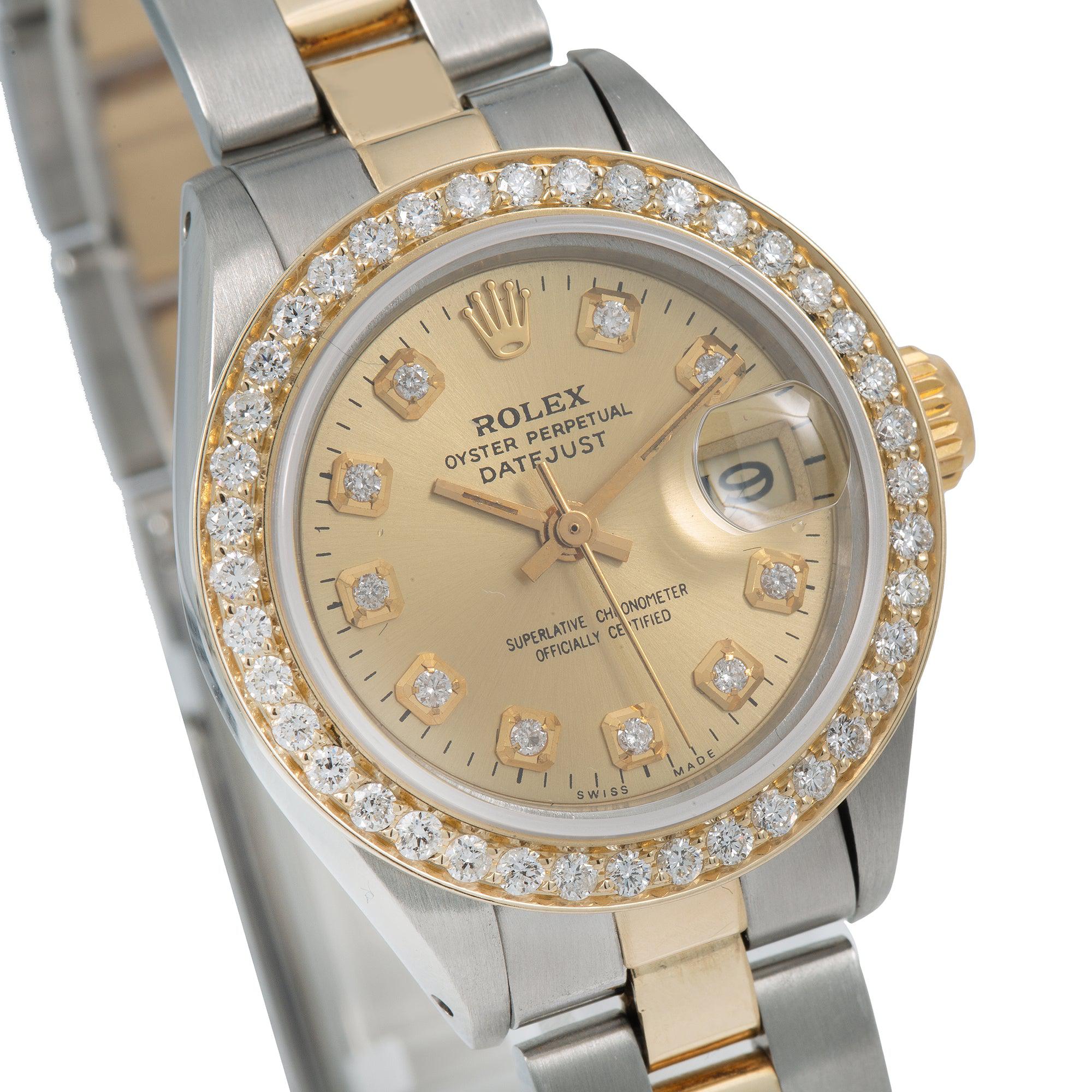 Rolex Datejust 26MM 69173 Champagne Diamond Dial Diamond Bezel Two Tone Yellow Gold Oyster Bracelet 0.9ct