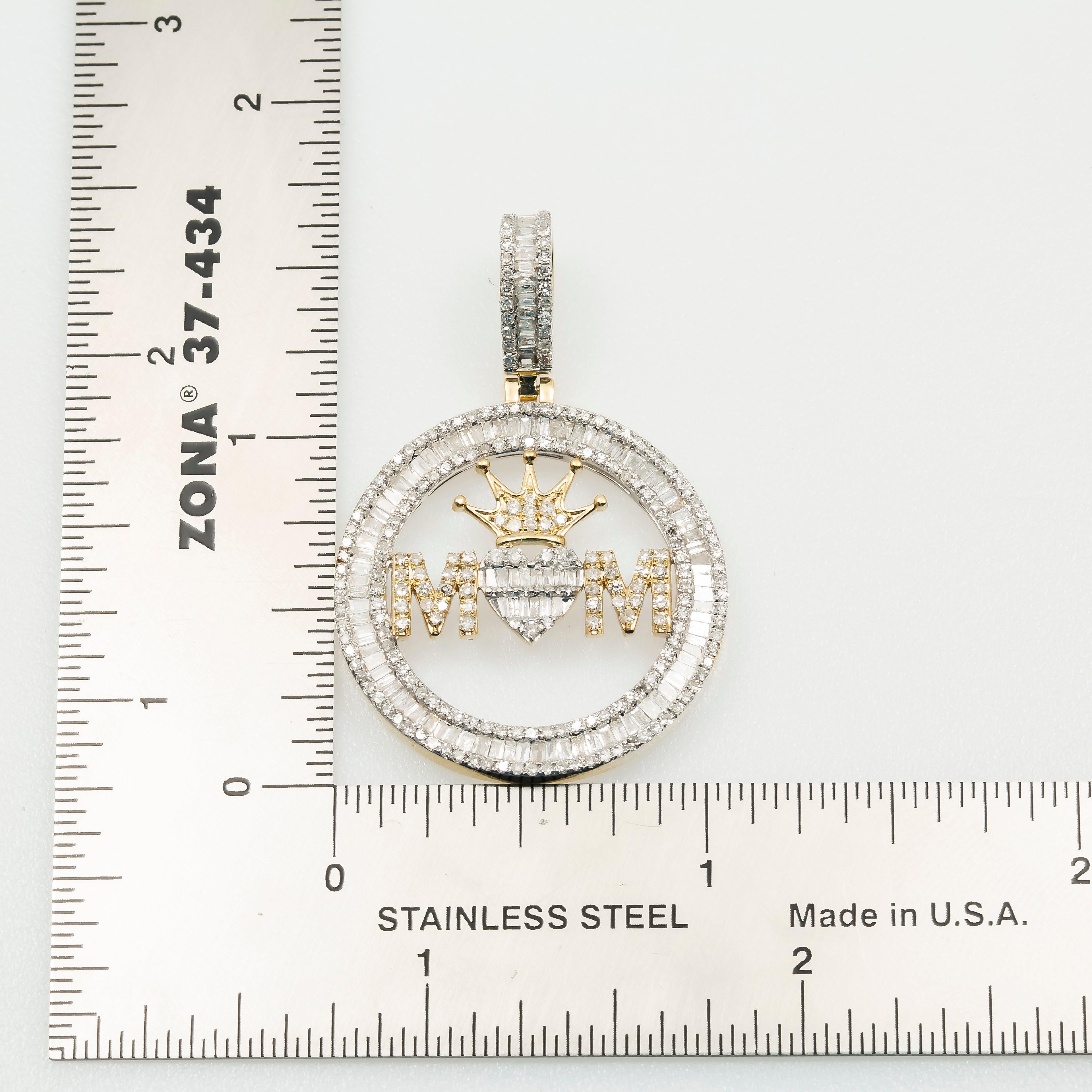 14K GOLD BAGUETTE DIAMOND MOM WITH HEART AND CROWN CIRCLE PENDANT 1.50 CT