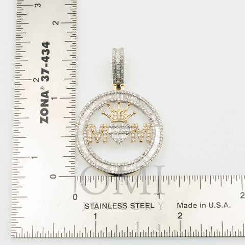 14K GOLD BAGUETTE DIAMOND MOM WITH HEART AND CROWN CIRCLE PENDANT 1.50 CT