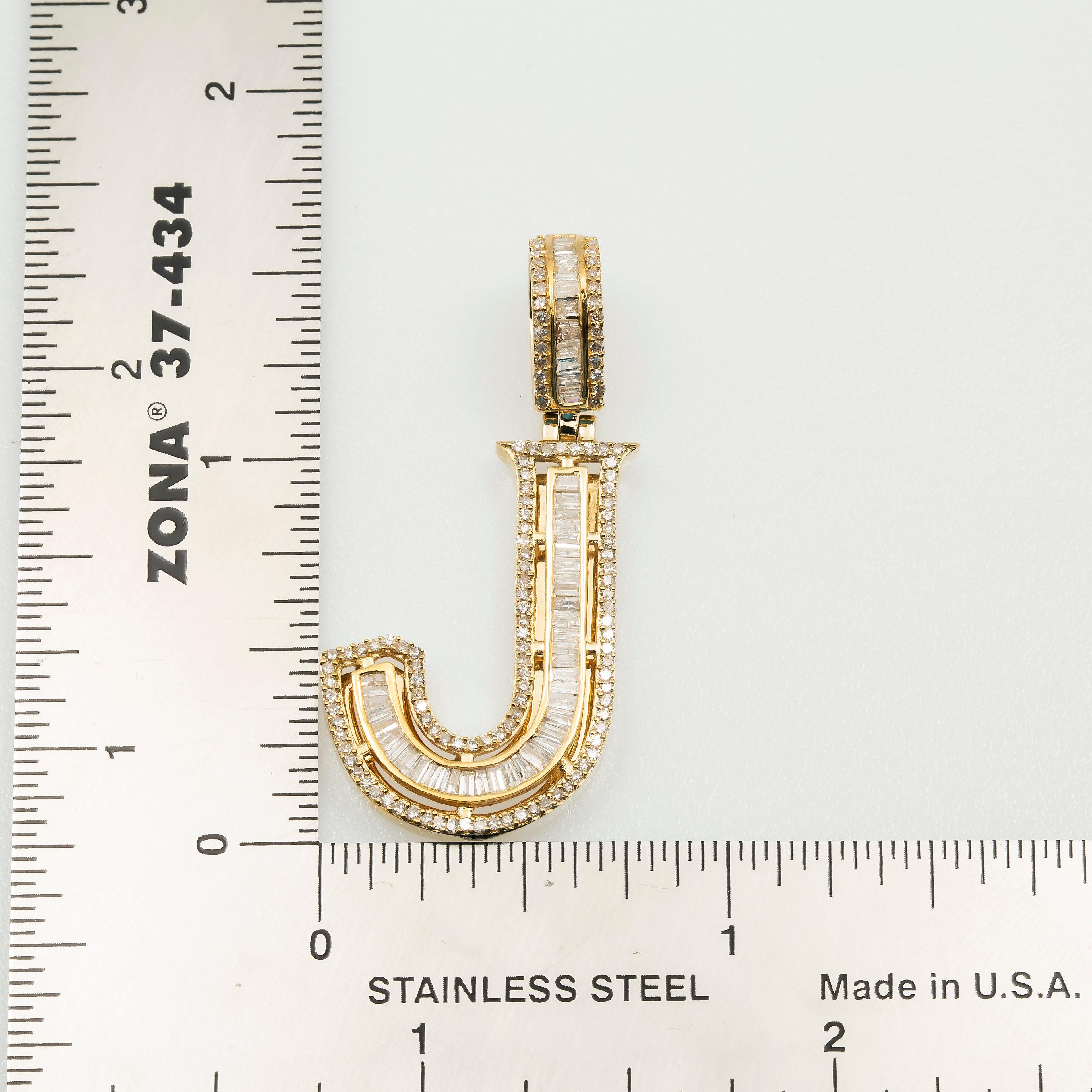 14K GOLD BAGUETTE DIAMOND INITIAL LETTER J PENDANT 0.88 CT