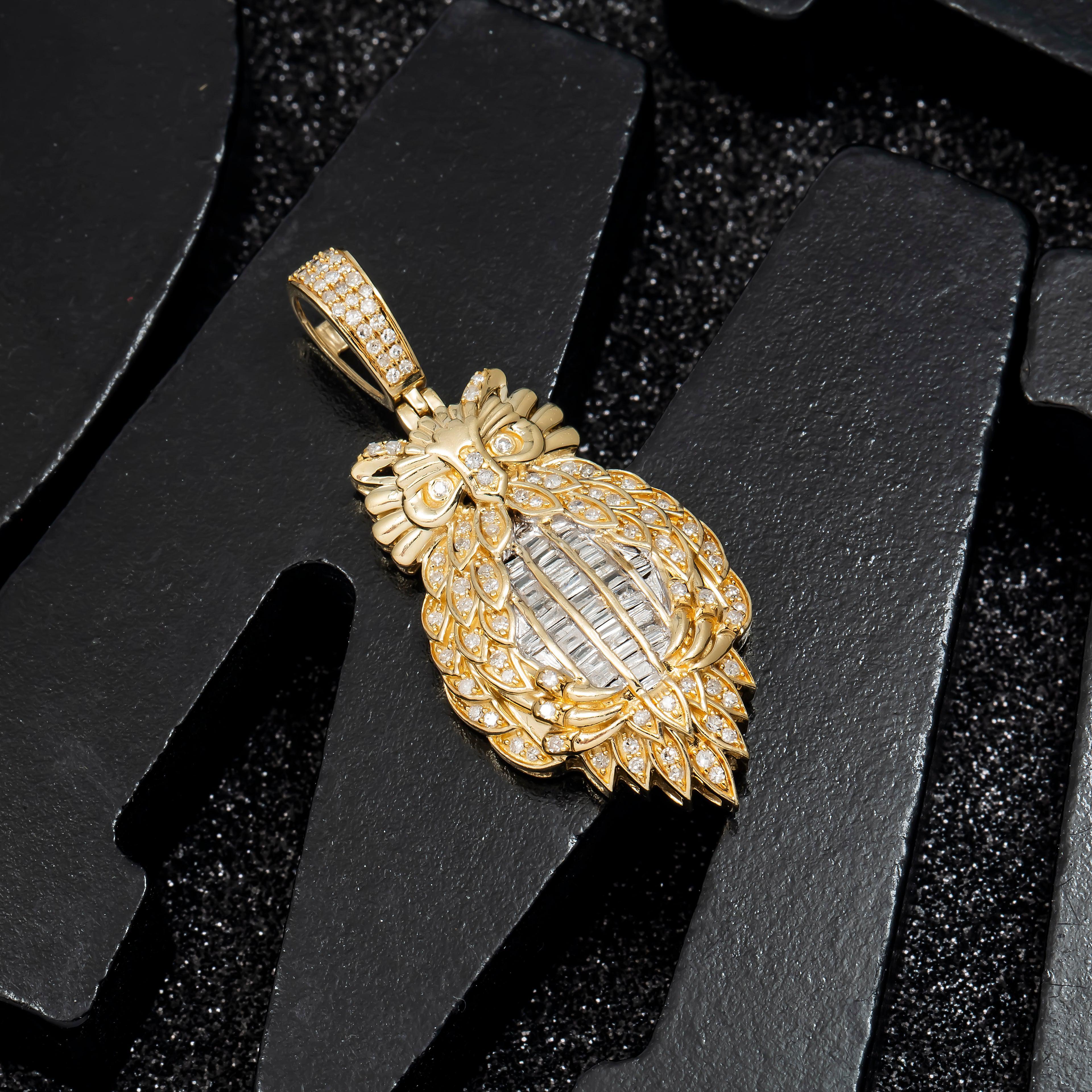 14K GOLD BAGUETTE DIAMOND OWL PENDANT 1.00 CT