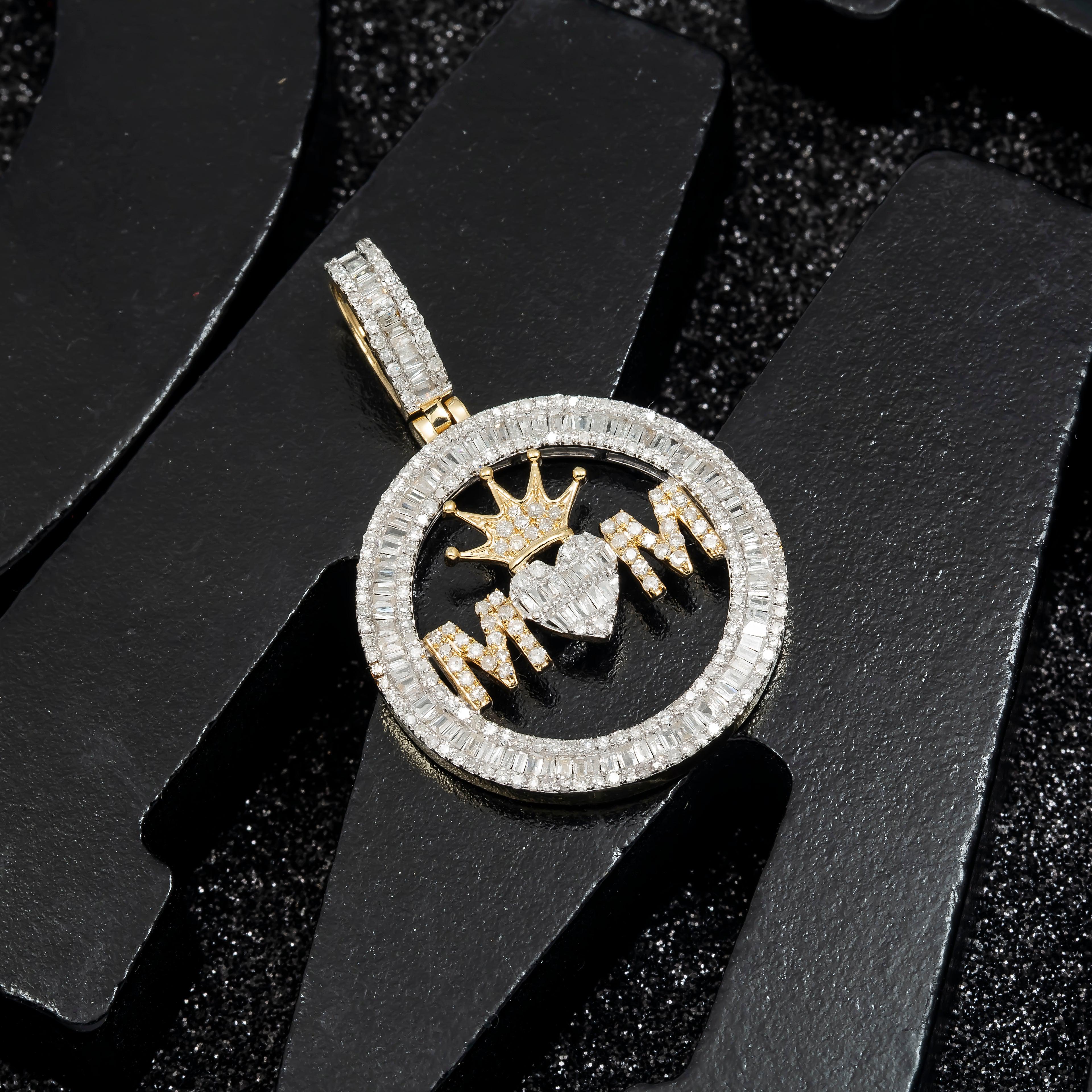 14K GOLD BAGUETTE DIAMOND MOM WITH HEART AND CROWN CIRCLE PENDANT 1.50 CT