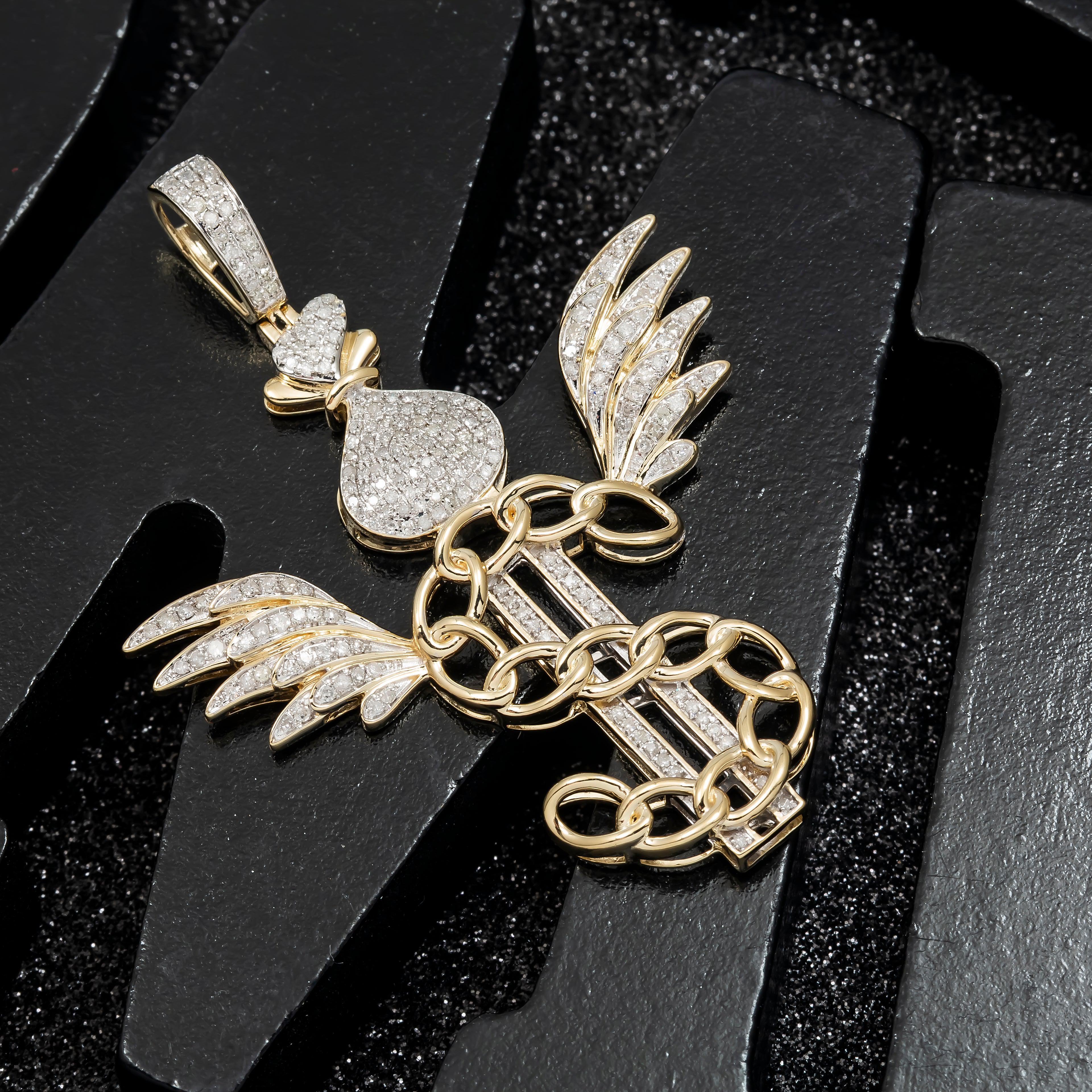 14K GOLD DIAMOND DOLLAR SIGN AND MONEY BAG WITH WINGS PENDANT 0.88 CT