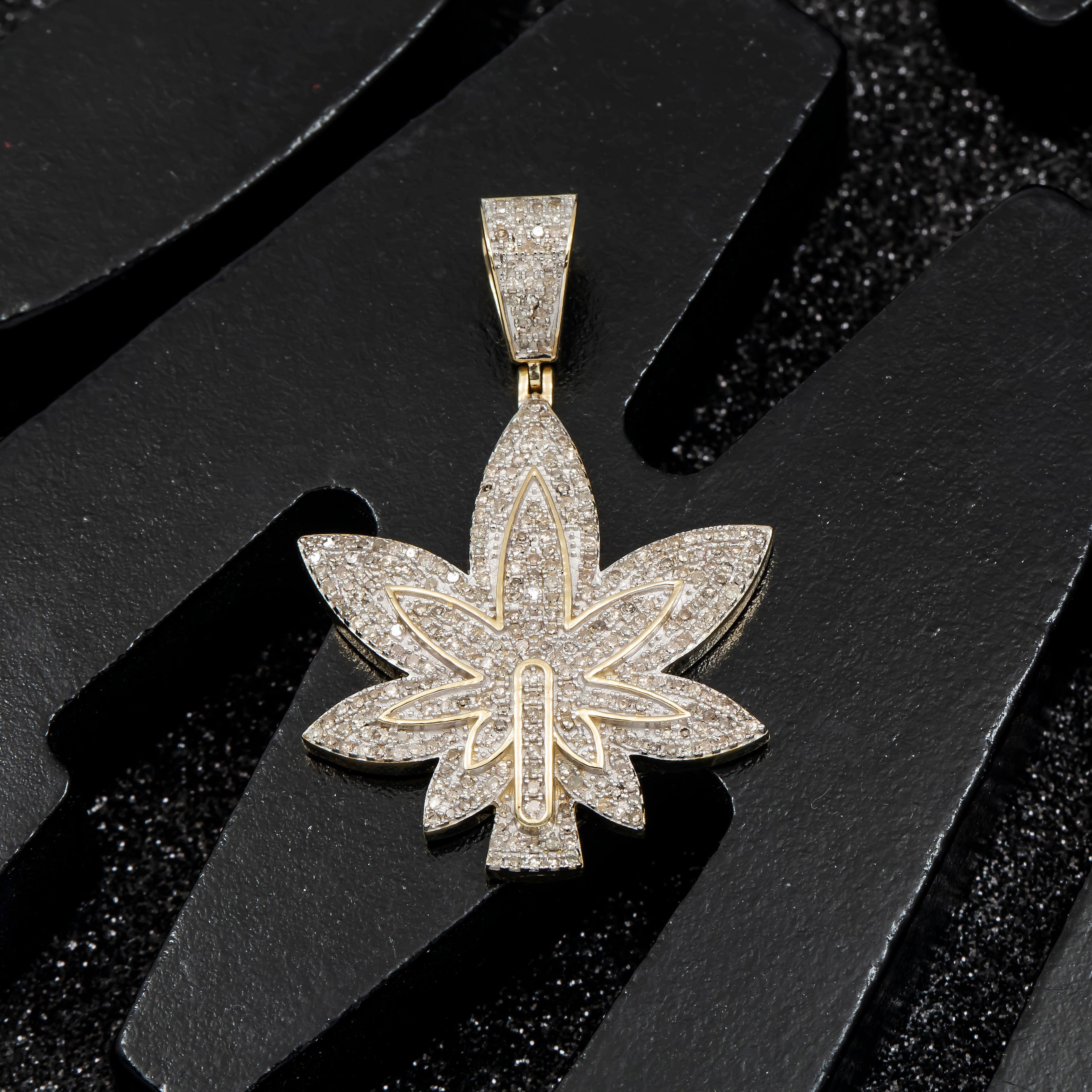 10K GOLD DIAMOND 3D CANNABIS LEAF PENDANT 1.06 CT
