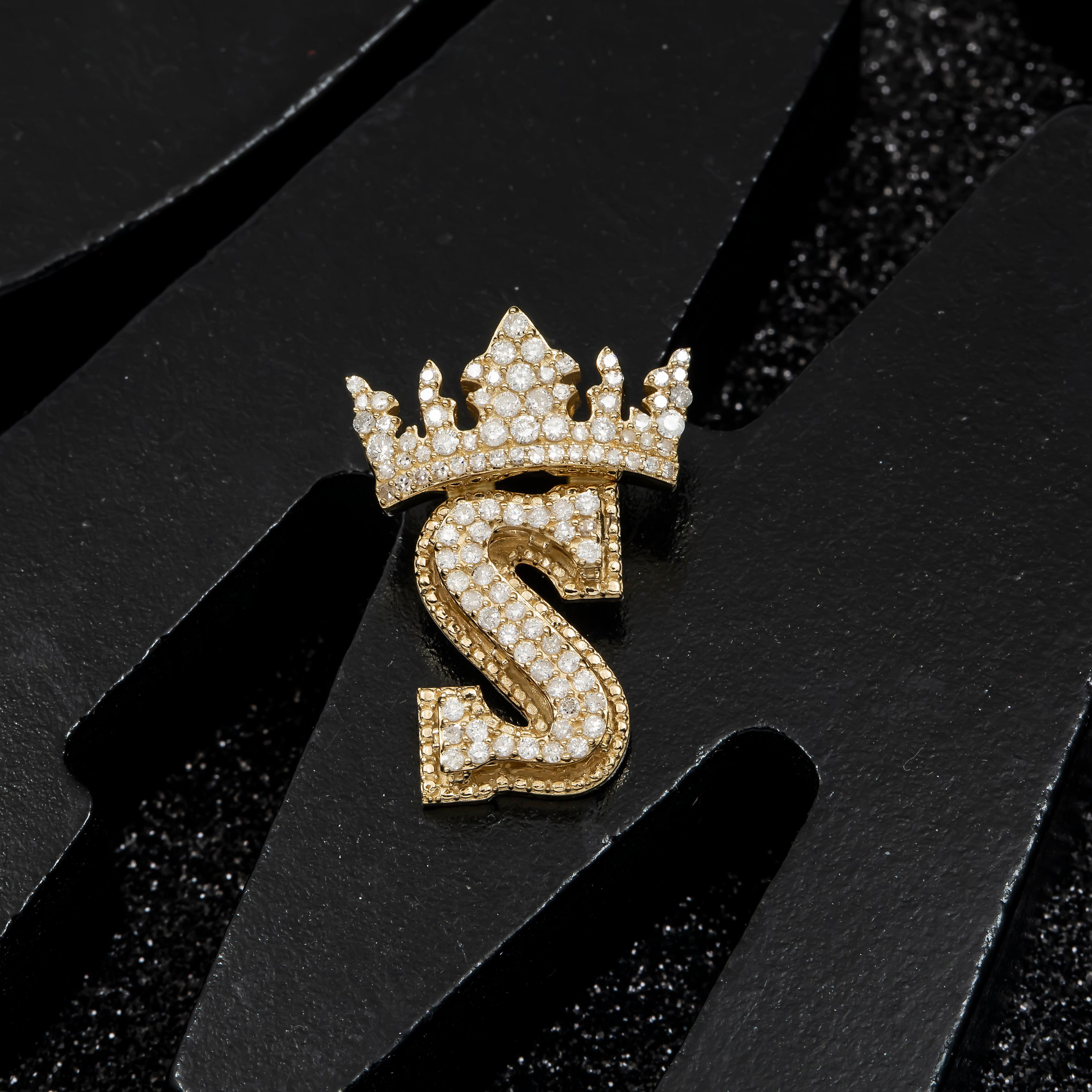 14K GOLD DIAMOND INITIAL LETTER S WITH CROWN PENDANT 0.70 CT