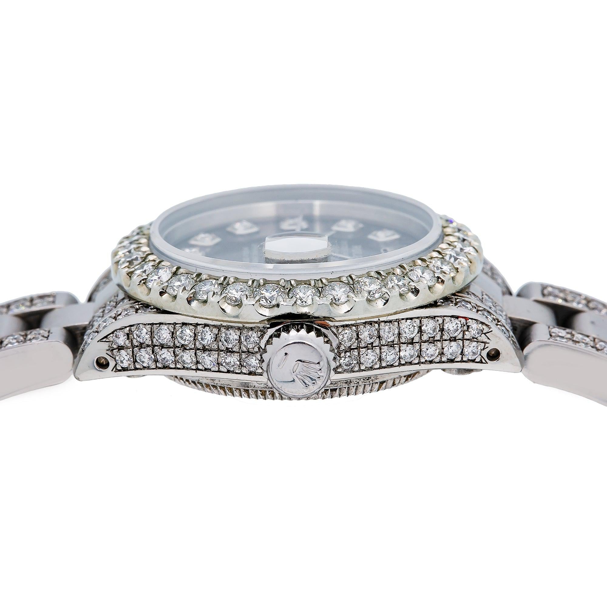 Rolex Datejust 26MM 69160 Black Diamond Dial Diamond Bezel Stainless Steel Semi Diamond Oyster Bracelet 4.25ct