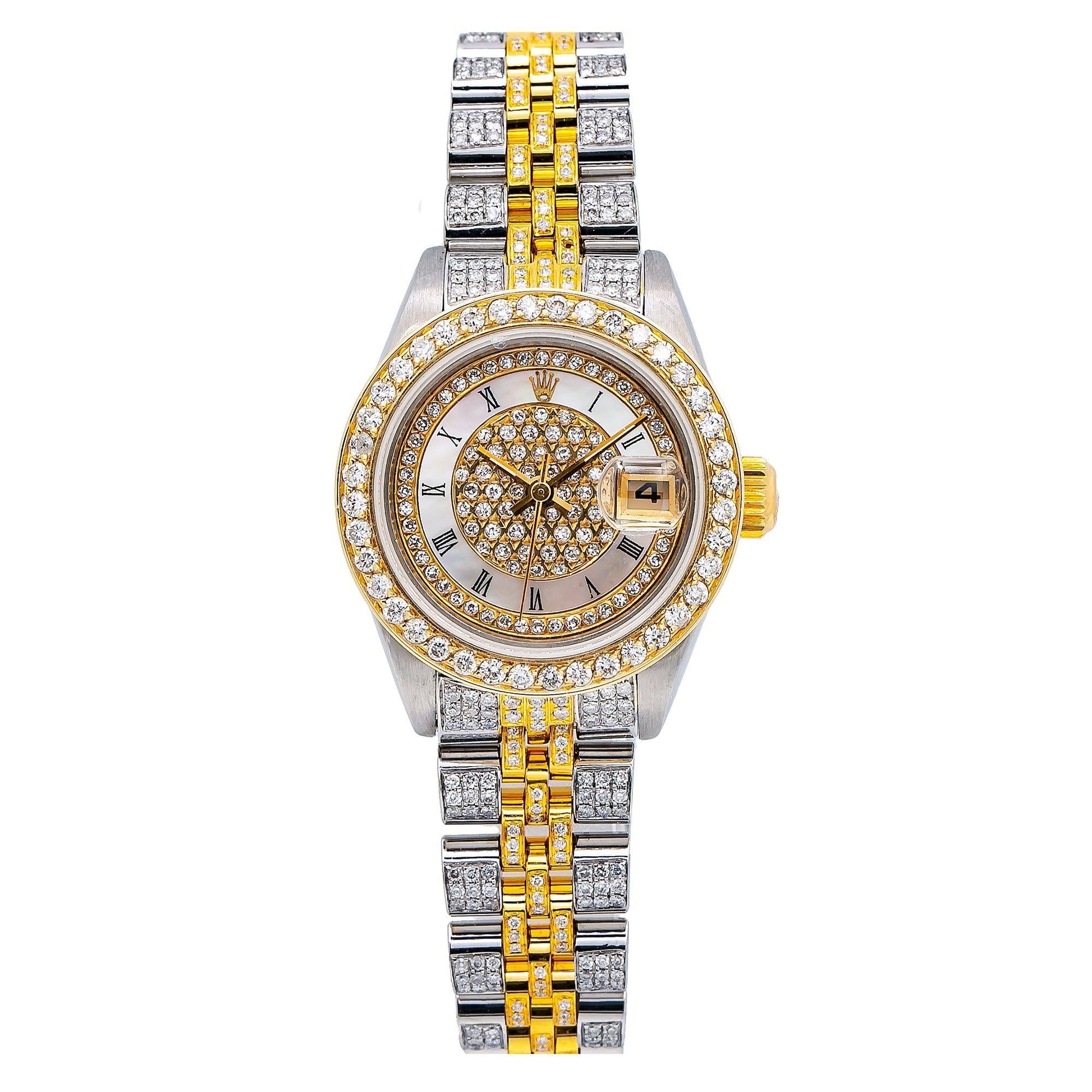 Rolex Datejust 26MM 6917 Diamond Paved Mother of Pearl Roman Dial Diamond Bezel Two Tone Full Diamond Jubilee Bracelet 5.25ct