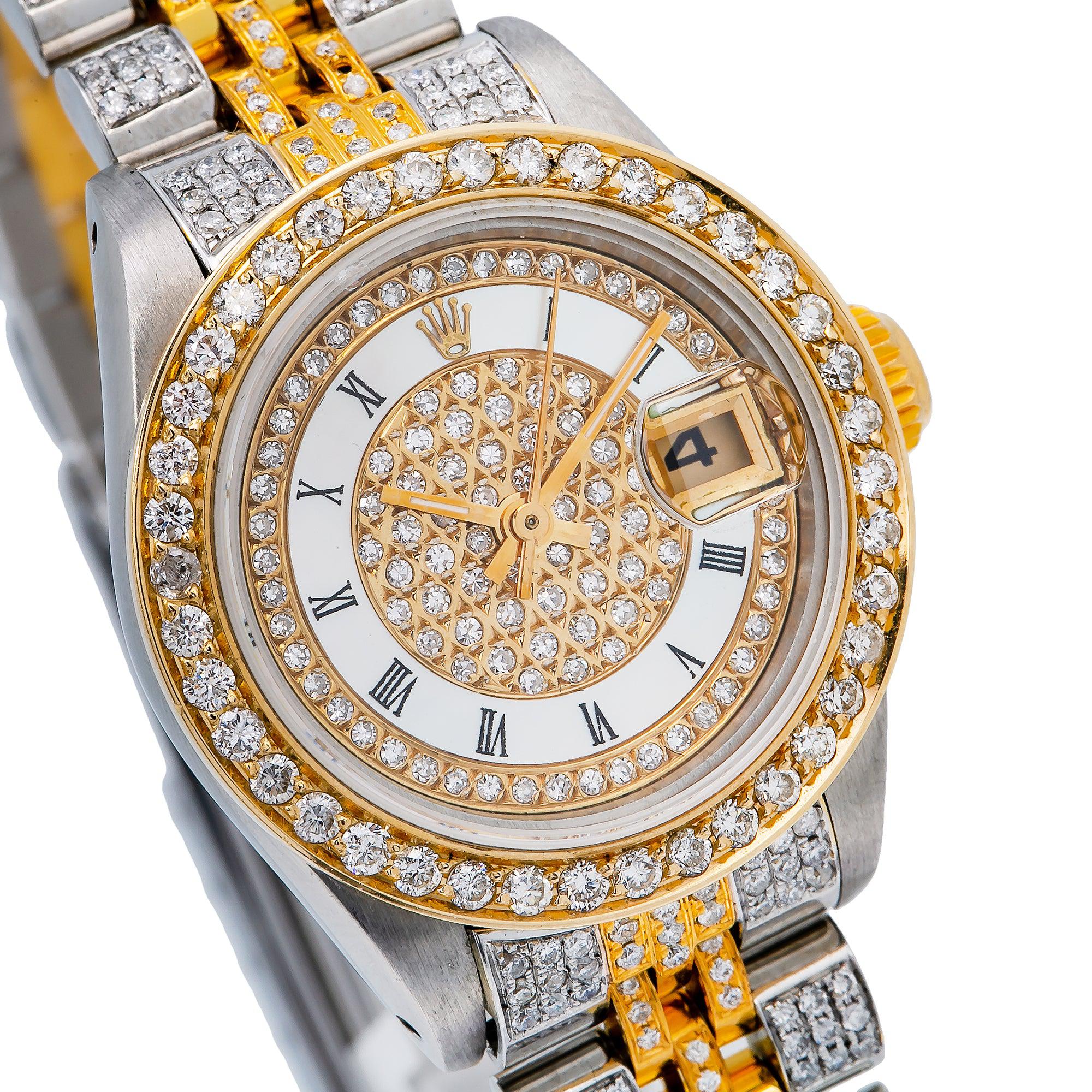Rolex Datejust 26MM 6917 Diamond Paved Mother of Pearl Roman Dial Diamond Bezel Two Tone Yellow Gold Full Diamond Jubilee Bracelet 5.25ct