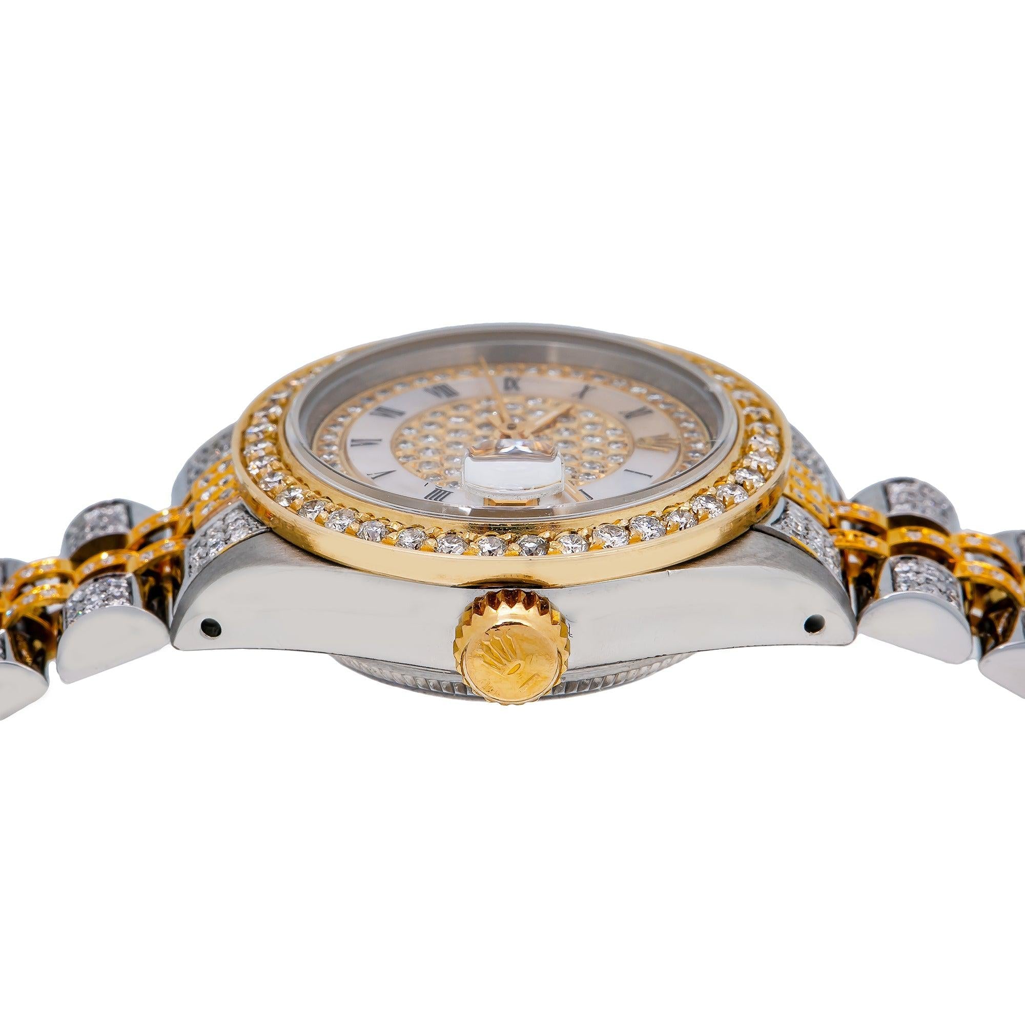 Rolex Datejust 26MM 6917 Diamond Paved Mother of Pearl Roman Dial Diamond Bezel Two Tone Yellow Gold Full Diamond Jubilee Bracelet 5.25ct