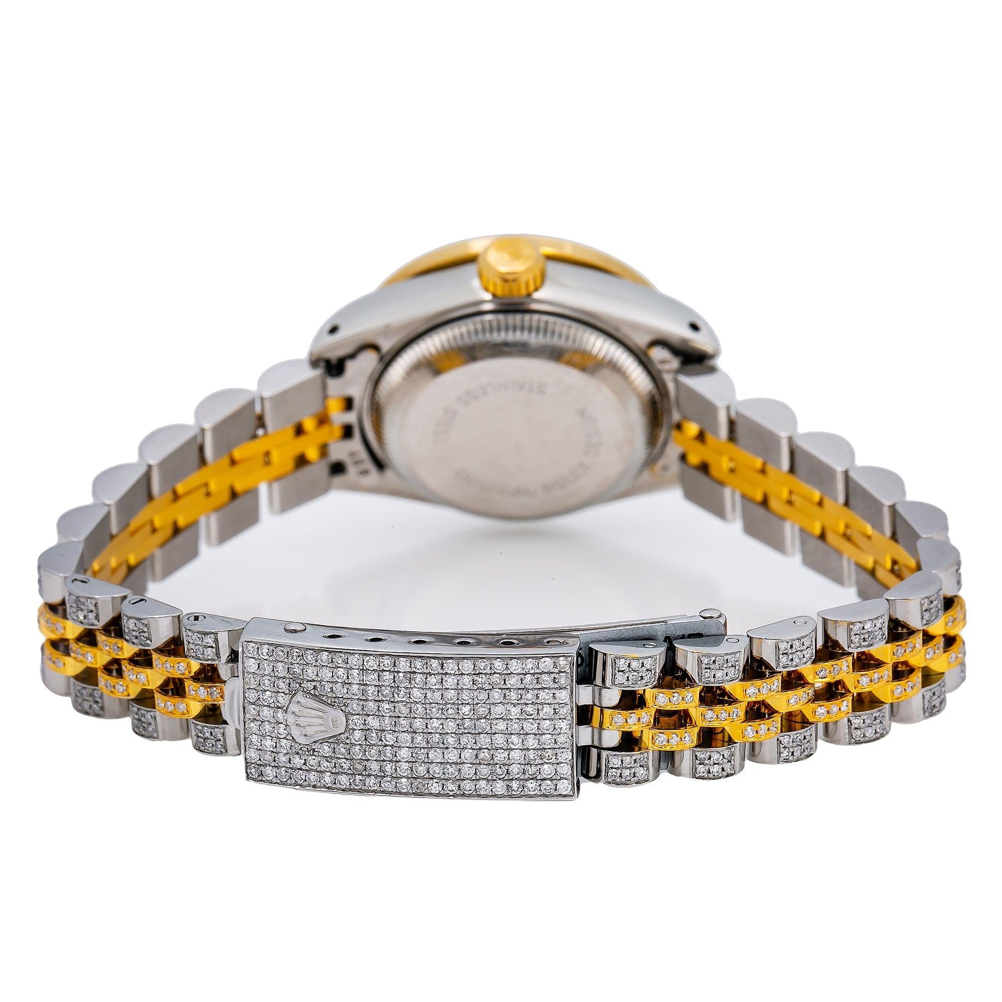 Rolex Datejust 26MM 6917 Diamond Paved Mother of Pearl Roman Dial Diamond Bezel Two Tone Yellow Gold Full Diamond Jubilee Bracelet 5.25ct