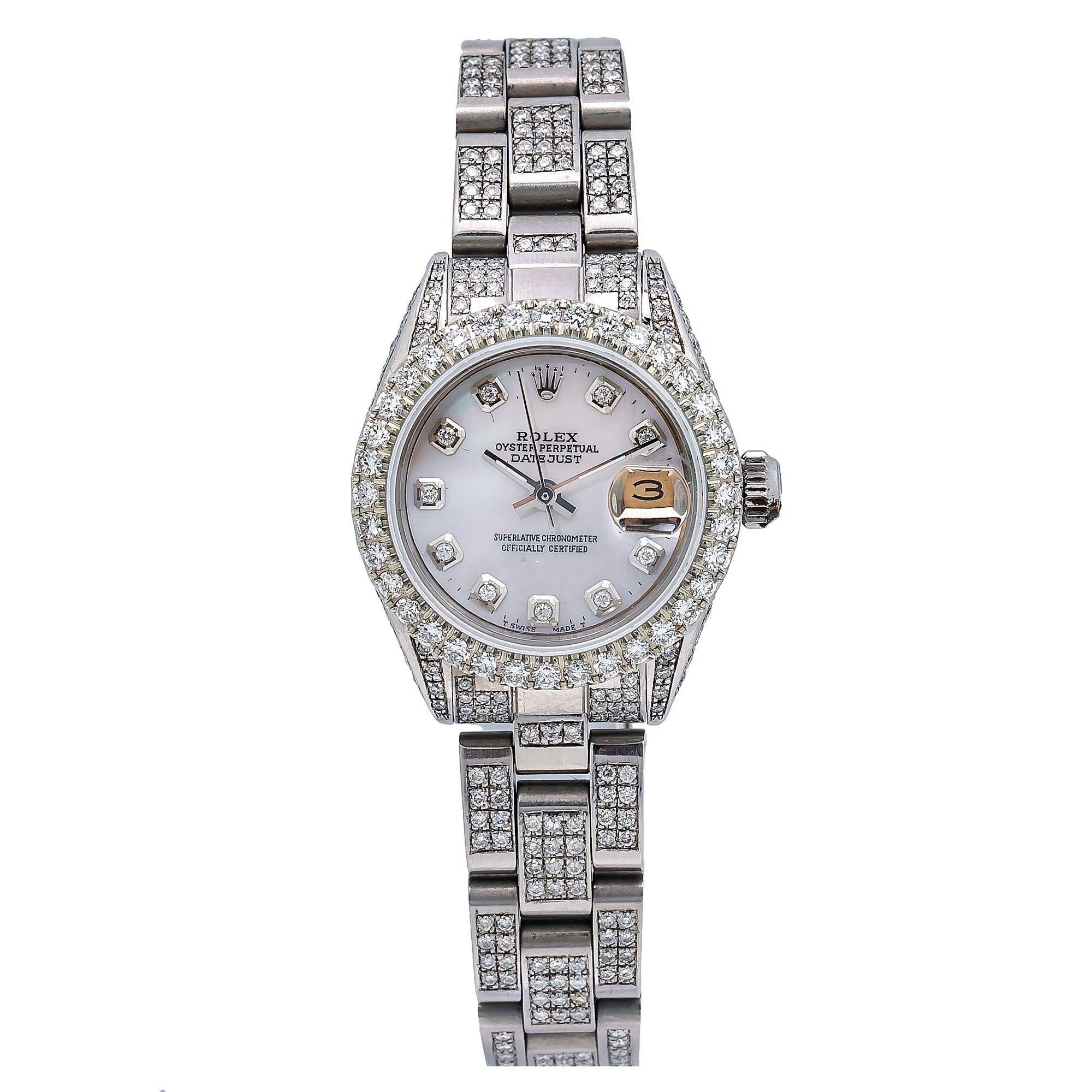 Rolex Datejust 26MM 69160 Mother of Pearl Diamond Dial Diamond Bezel Full Diamond Oyster Bracelet 5.75ct