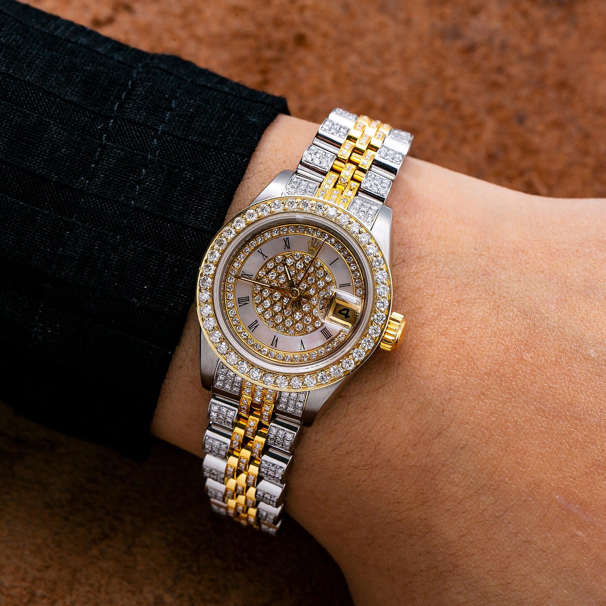 Rolex Datejust 26MM 6917 Diamond Paved White Mother of Pearl Roman Dial Diamond Bezel Two Tone Yellow Gold Full Diamond Jubilee Bracelet 5.25ct