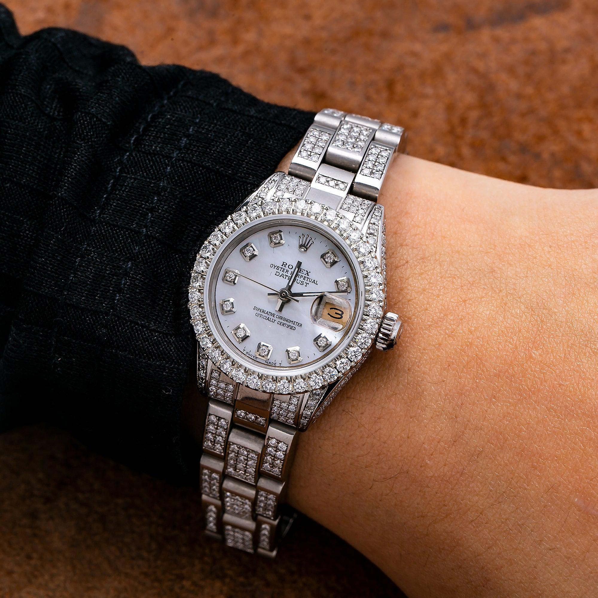 Rolex Datejust 26MM 69160 White Mother of Pearl Diamond Dial Diamond Bezel Stainless Steel Full Diamond Oyster Bracelet 5.75ct