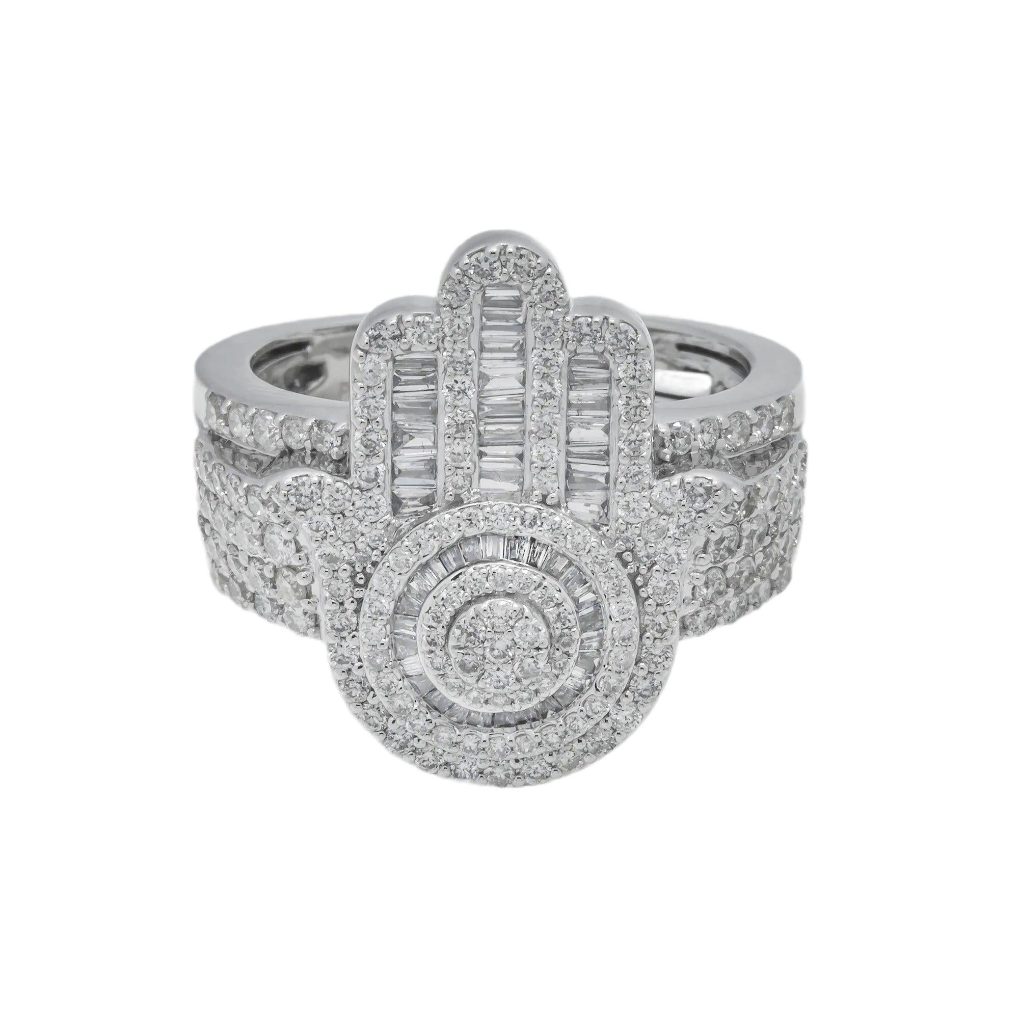 10K GOLD BAGUETTE DIAMOND HAMSA RING 1.92 CT