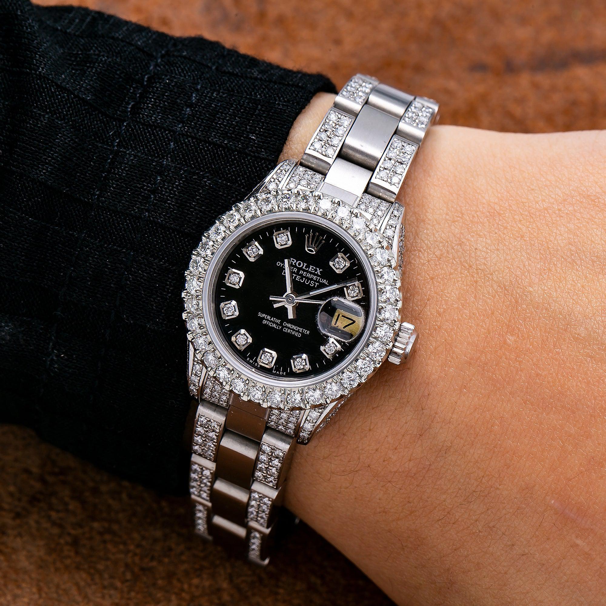 Rolex Datejust 26MM 69160 Black Diamond Dial Diamond Bezel Stainless Steel Semi Diamond Oyster Bracelet 4.25ct