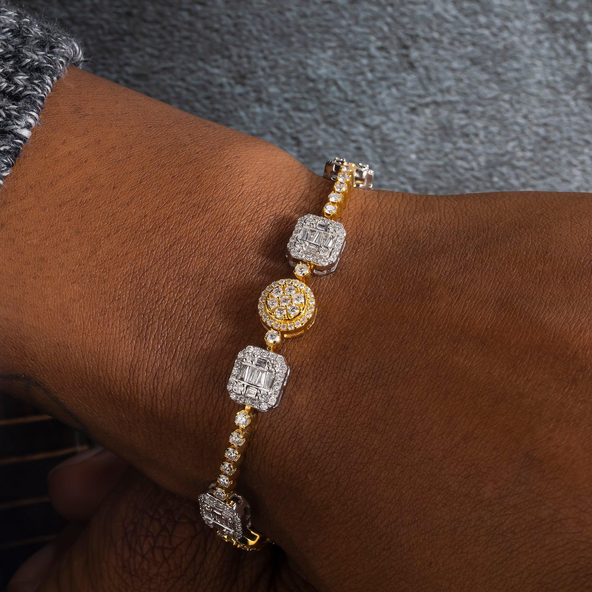 10K GOLD BAGUETTE AND ROUND DIAMONDS TWO TONE BRACELET 4.92 CT