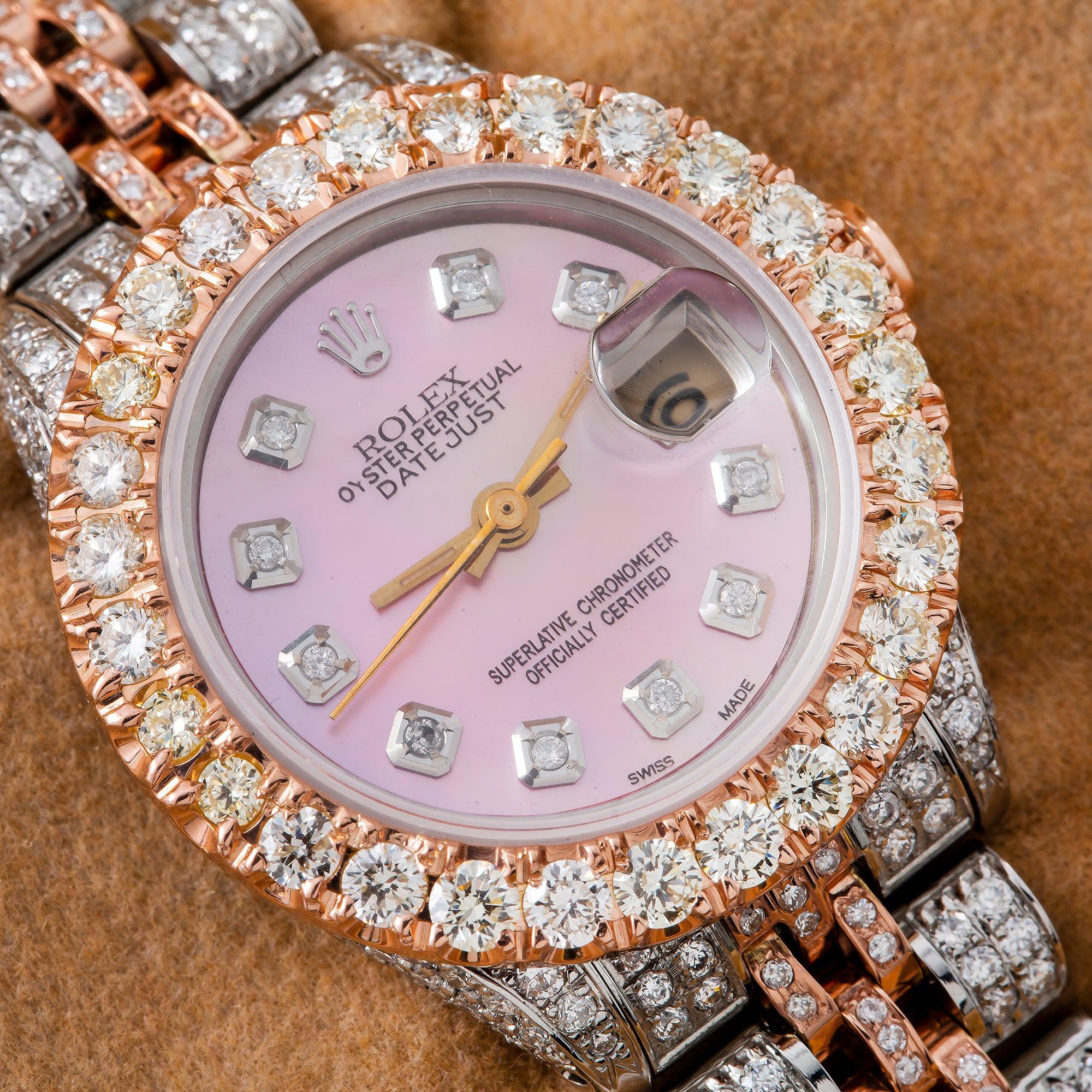 Rolex Datejust 26MM 69173 Pink Mother of Pearl Diamond Dial Diamond Bezel Two Tone Rose Gold Full Diamond Jubilee Bracelet 7.25ct