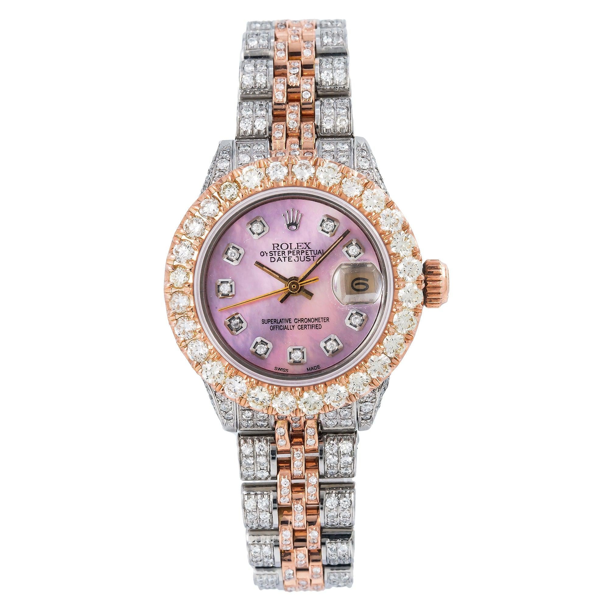 Rolex Datejust 26MM 69173 Pink Mother of Pearl Diamond Dial Diamond Bezel Two Tone Full Diamond Jubilee Bracelet 7.25ct