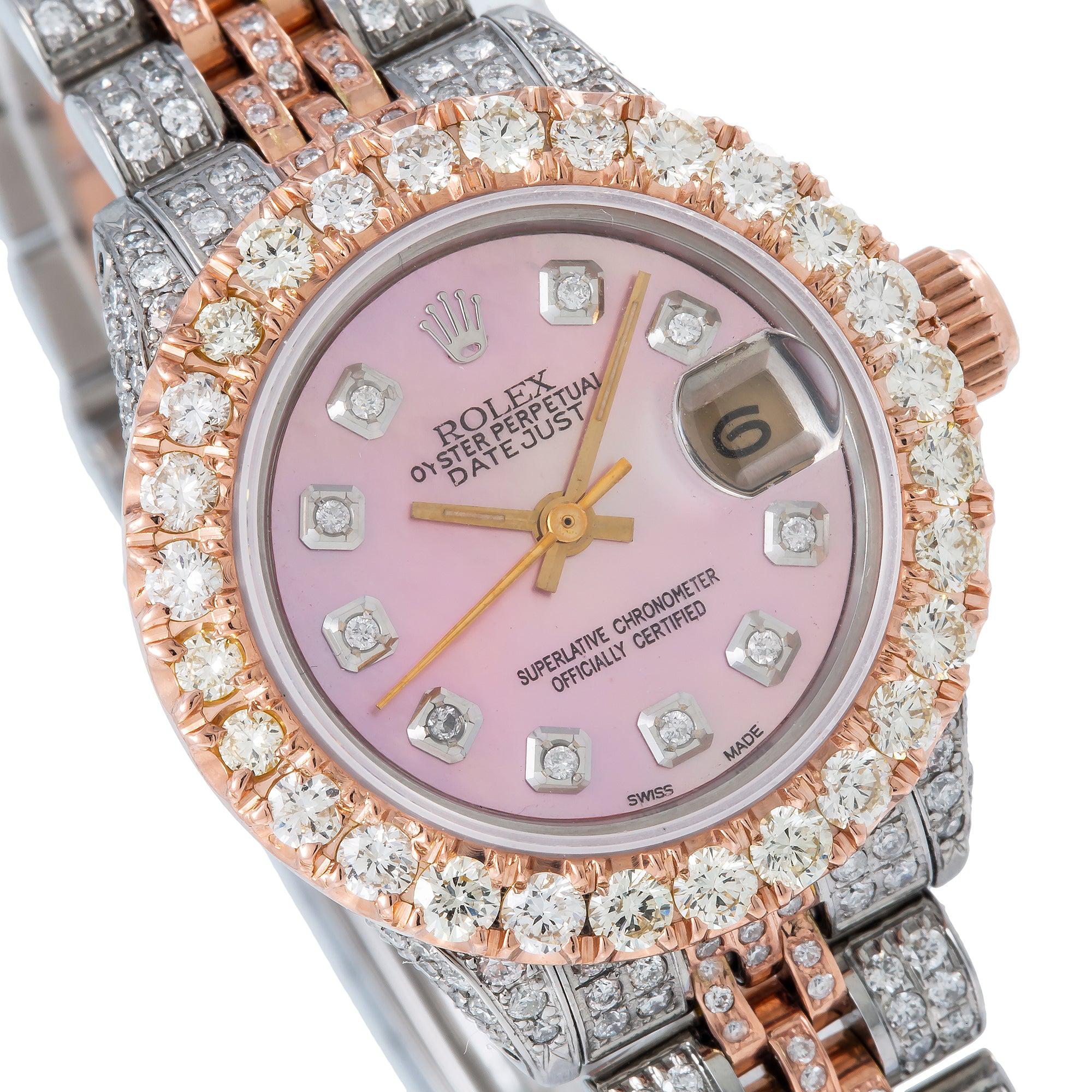 Rolex Datejust 26MM 69173 Pink Mother of Pearl Diamond Dial Diamond Bezel Two Tone Rose Gold Full Diamond Jubilee Bracelet 7.25ct