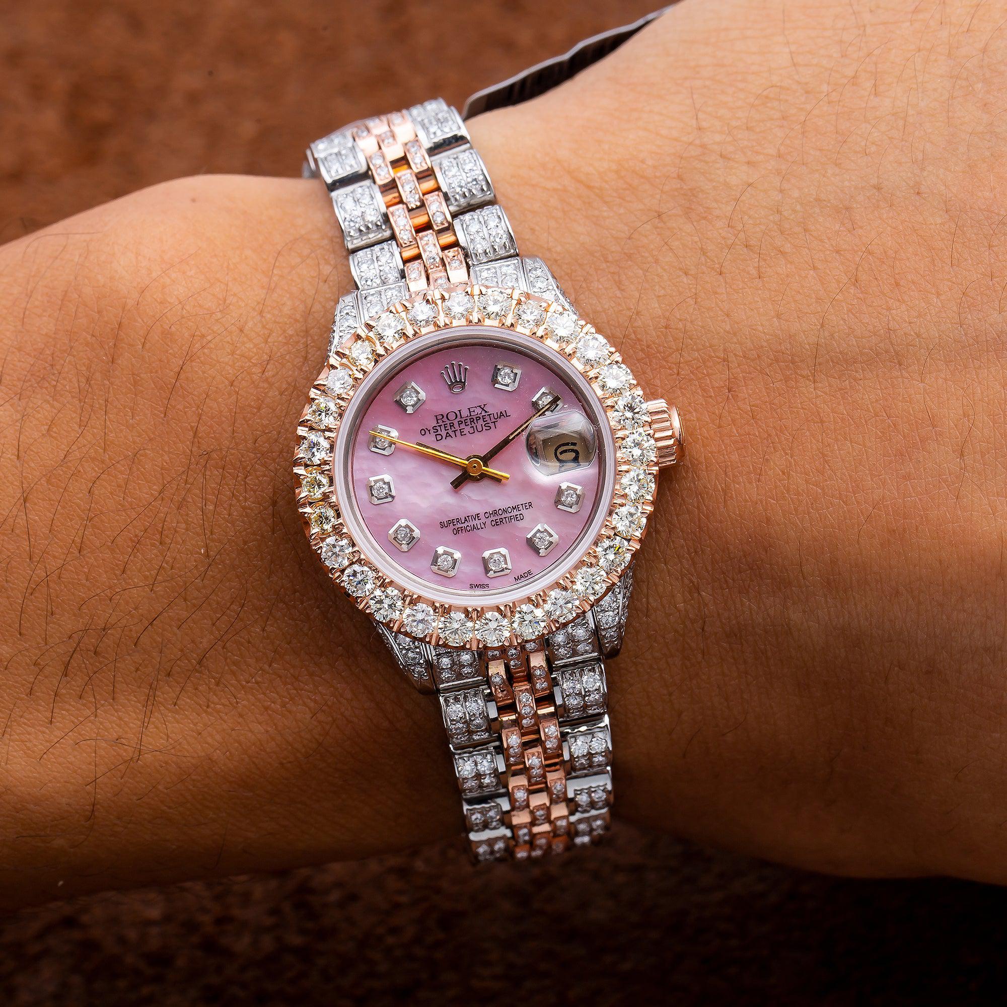 Rolex Datejust 26MM 69173 Pink Mother of Pearl Diamond Dial Diamond Bezel Two Tone Rose Gold Full Diamond Jubilee Bracelet 7.25ct