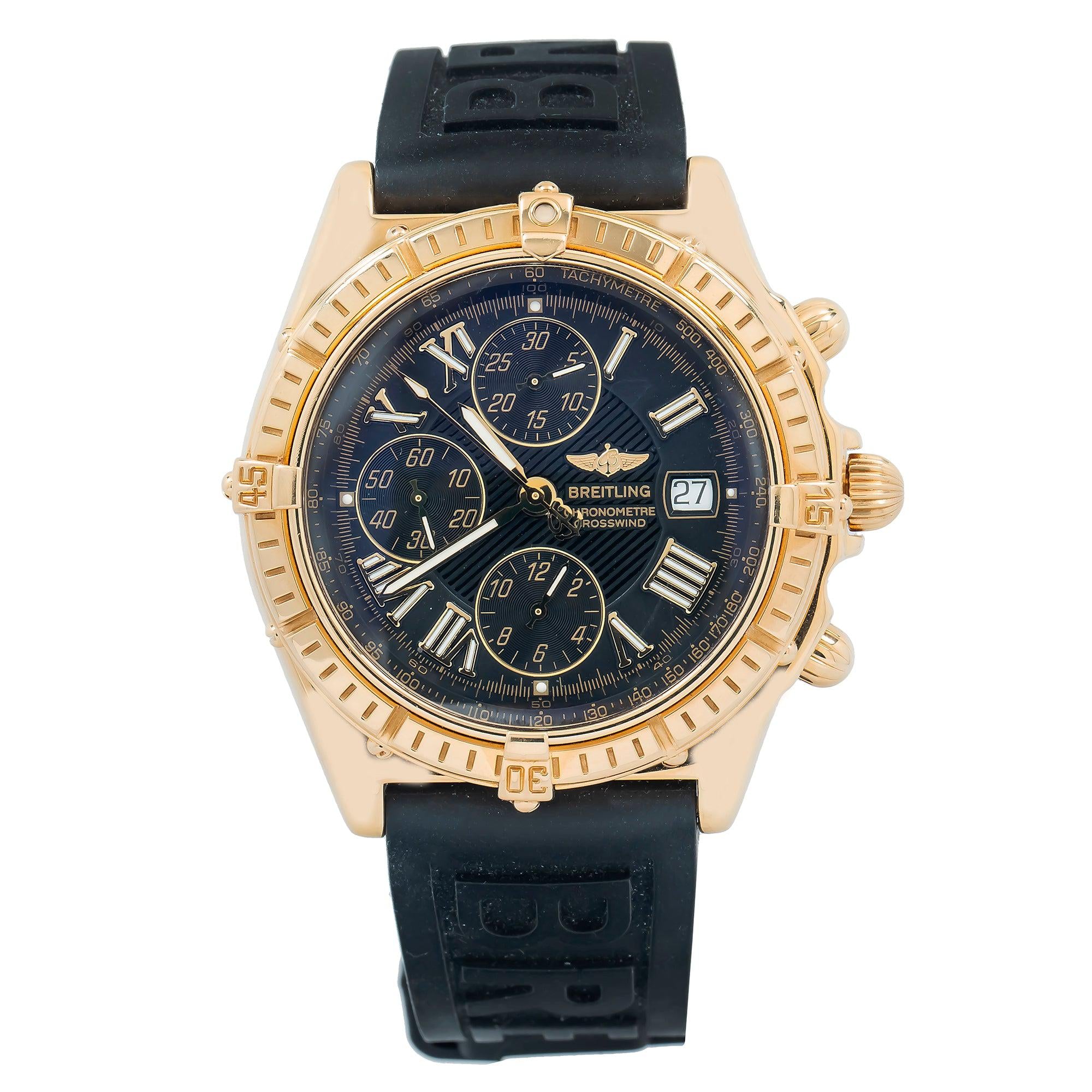 Breitling Crosswind 44MM K13055 Black Roman Dial Yellow Gold Bezel Black Rubber Strap
