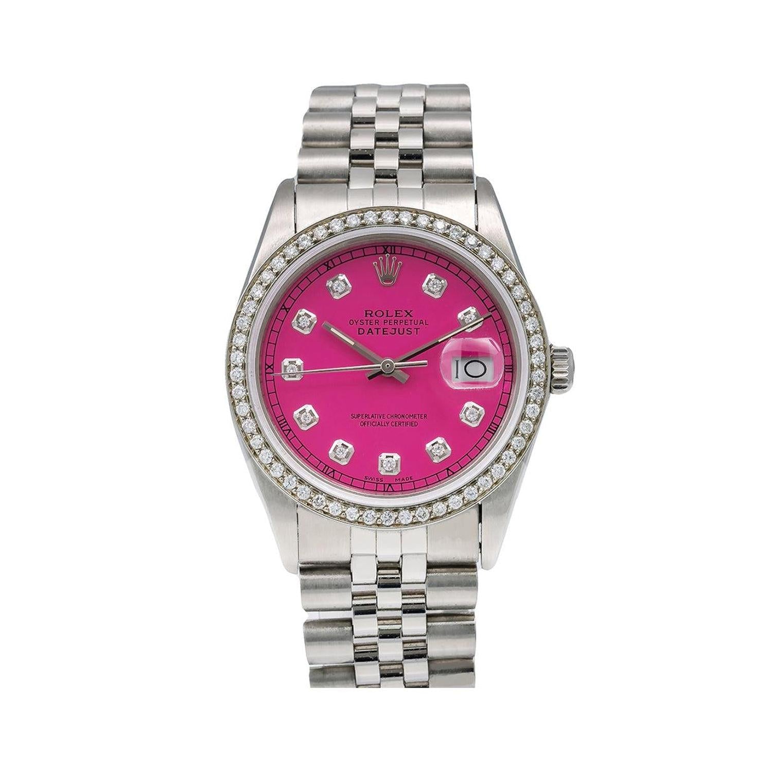 Rolex Datejust 36MM 16014 Pink Diamond Dial Diamond Bezel Stainless Steel Jubilee Bracelet 1.2ct