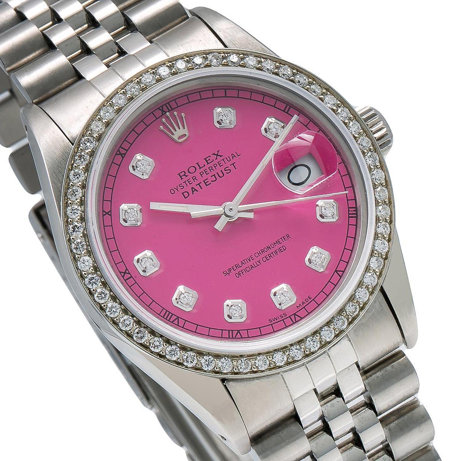 Rolex Datejust 36MM 16014 Pink Diamond Dial Diamond Bezel Stainless Steel Jubilee Bracelet 1.2ct