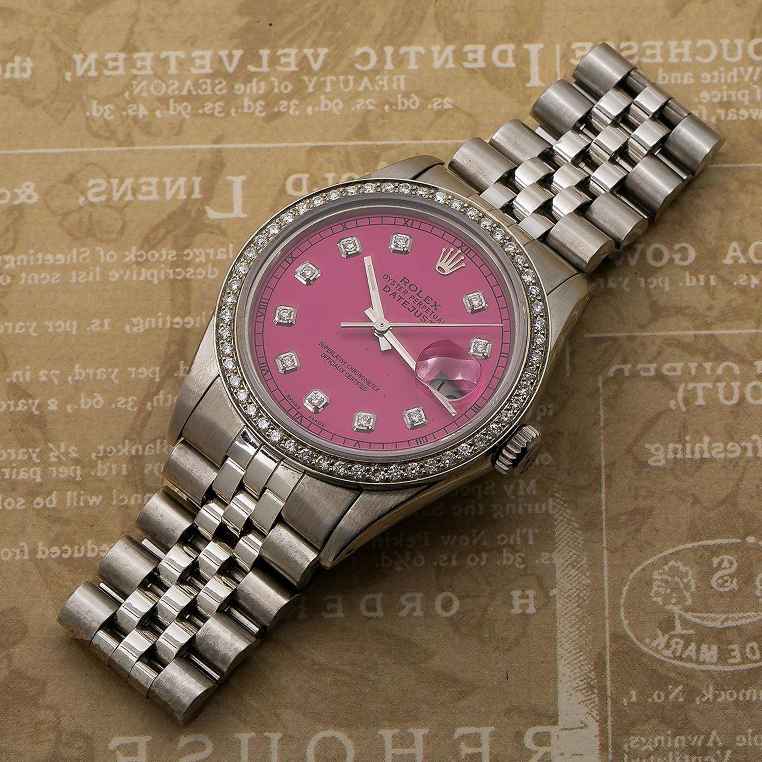 Rolex Datejust 36MM 16014 Pink Diamond Dial Diamond Bezel Stainless Steel Jubilee Bracelet 1.2ct
