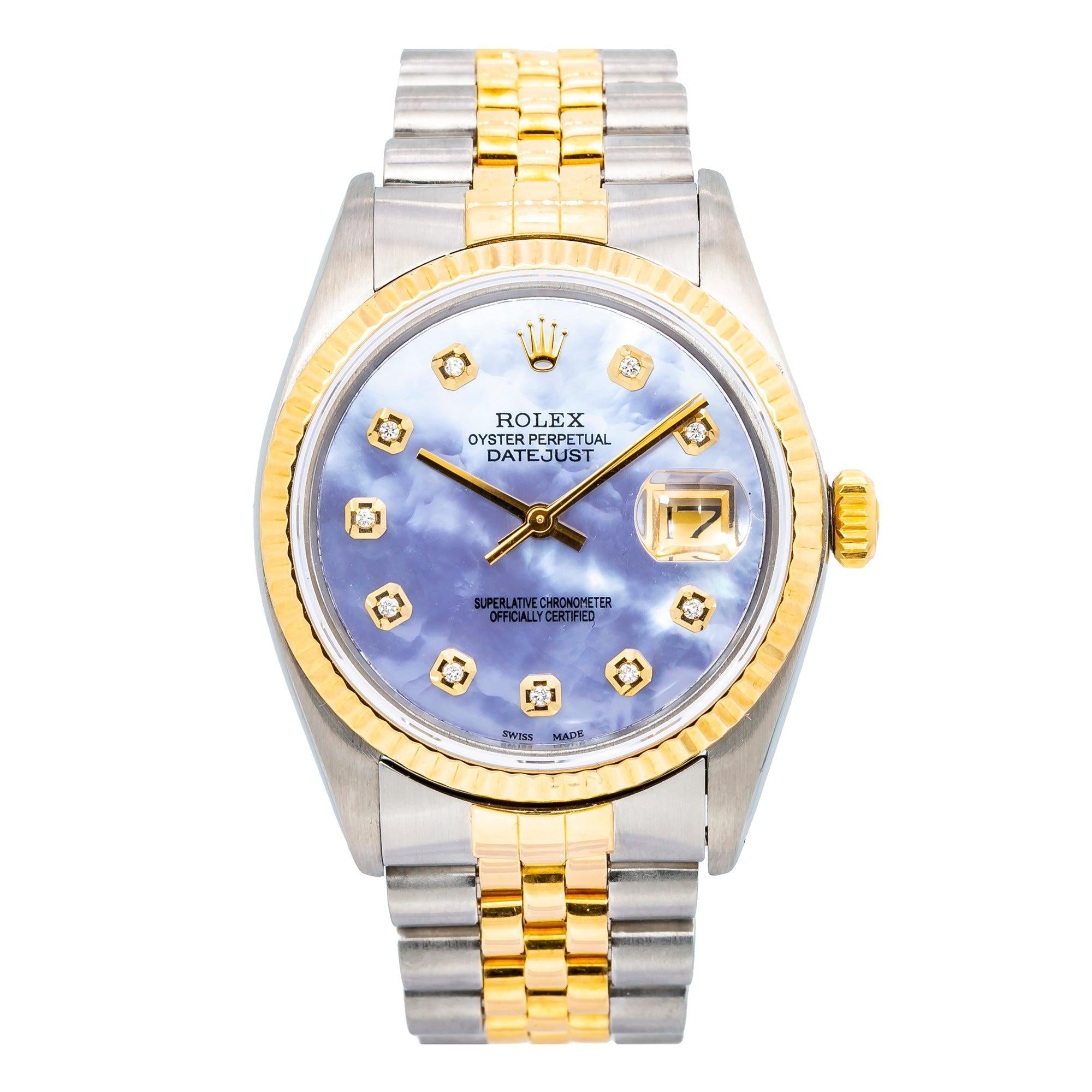 Rolex Datejust 36MM 16013 Blue Mother of Pearl Diamond Dial Fluted Bezel Two Tone Yellow Gold Jubilee Bracelet