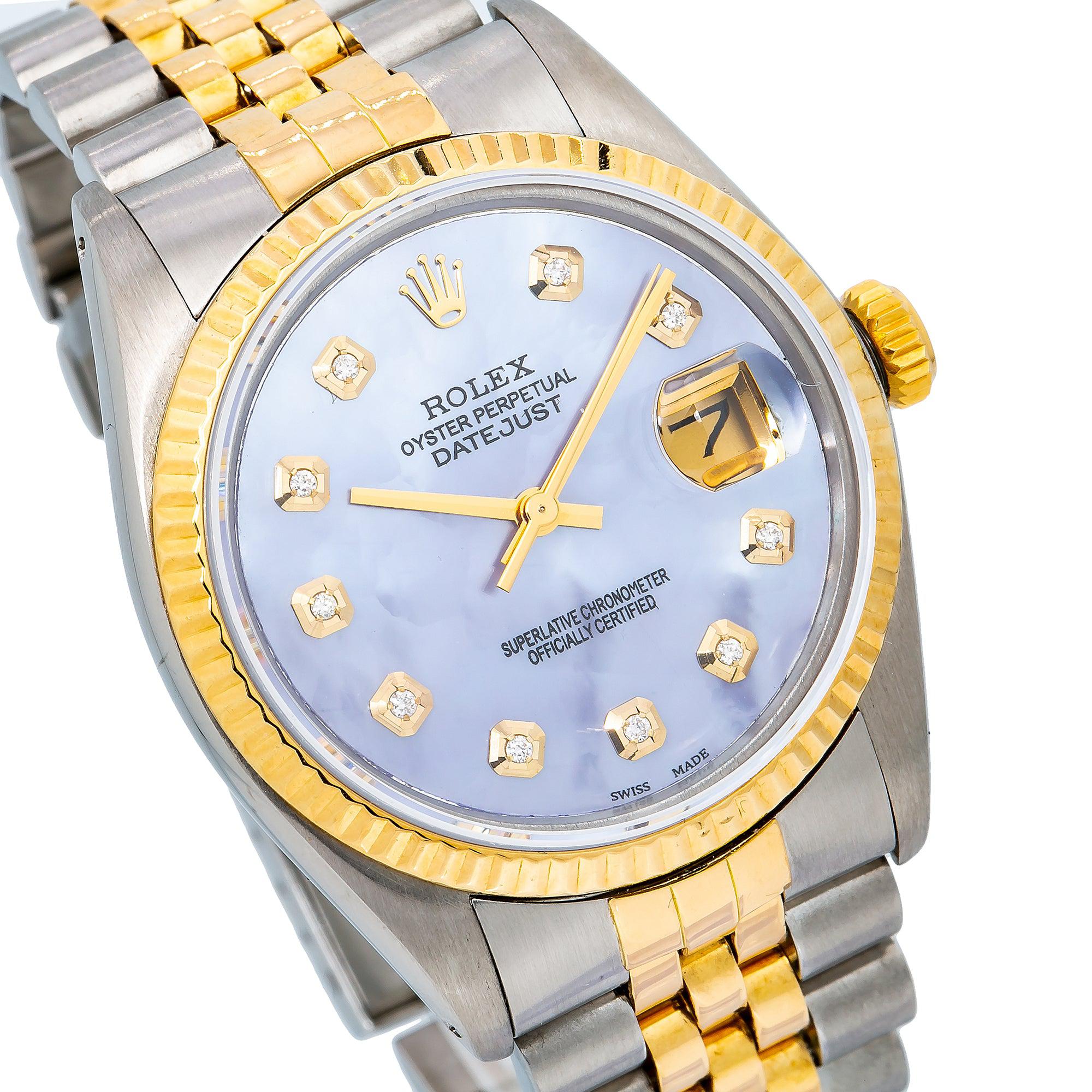 Rolex Datejust 36MM 16013 Blue Mother of Pearl Diamond Dial Fluted Bezel Two Tone Yellow Gold Jubilee Bracelet