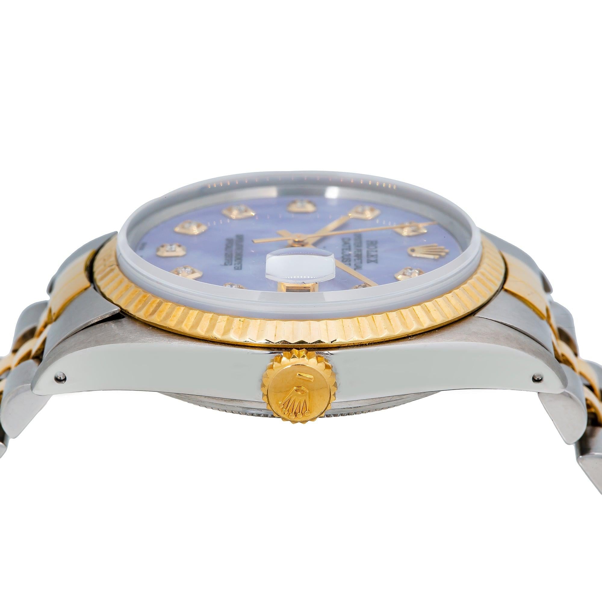 Rolex Datejust 36MM 16013 Blue Mother of Pearl Diamond Dial Fluted Bezel Two Tone Yellow Gold Jubilee Bracelet