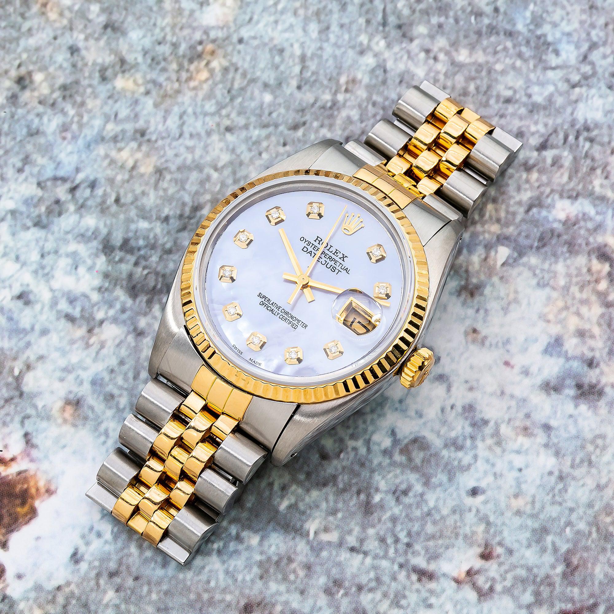 Rolex Datejust 36MM 16013 Blue Mother of Pearl Diamond Dial Fluted Bezel Two Tone Yellow Gold Jubilee Bracelet