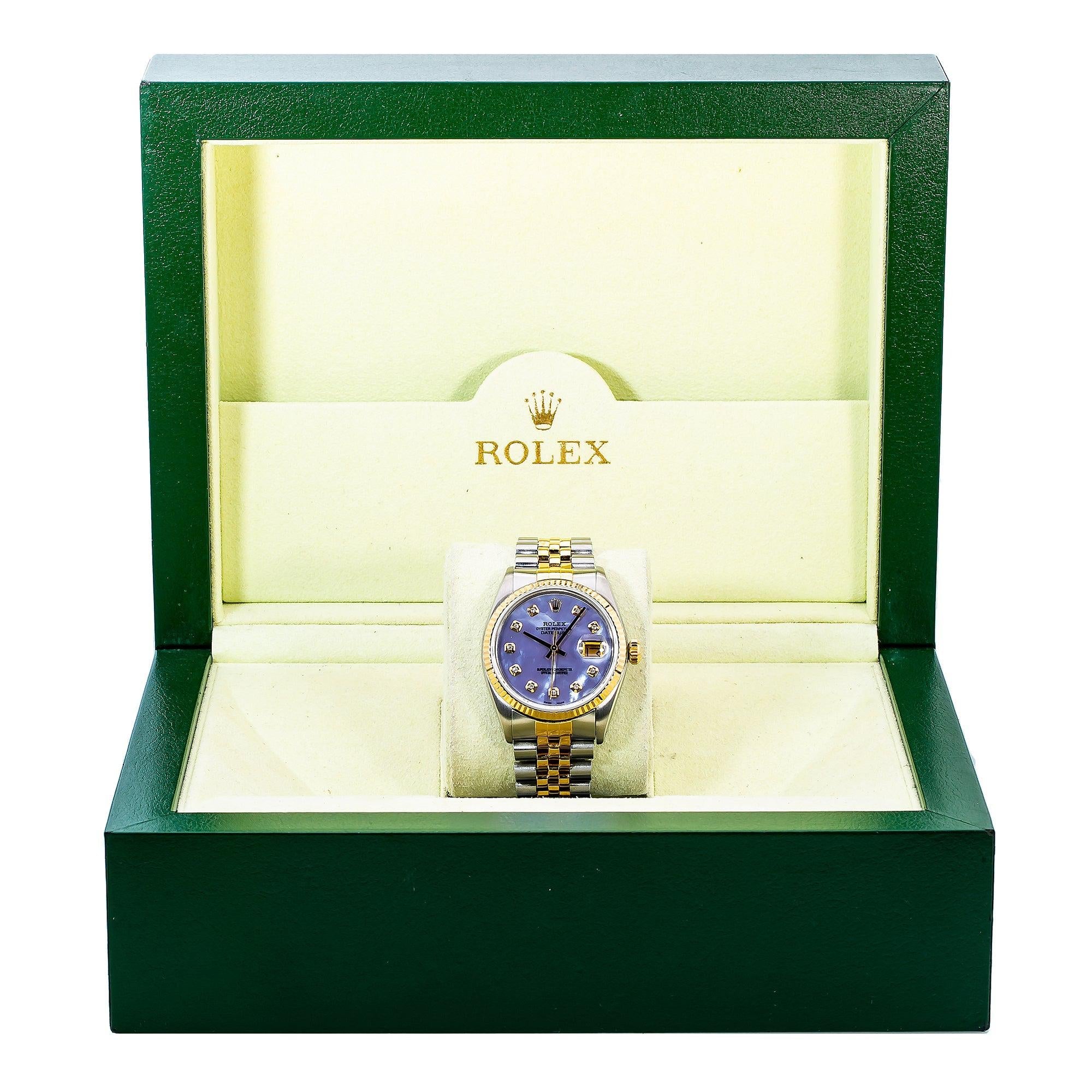 Rolex Datejust 36MM 16013 Blue Mother of Pearl Diamond Dial Fluted Bezel Two Tone Yellow Gold Jubilee Bracelet