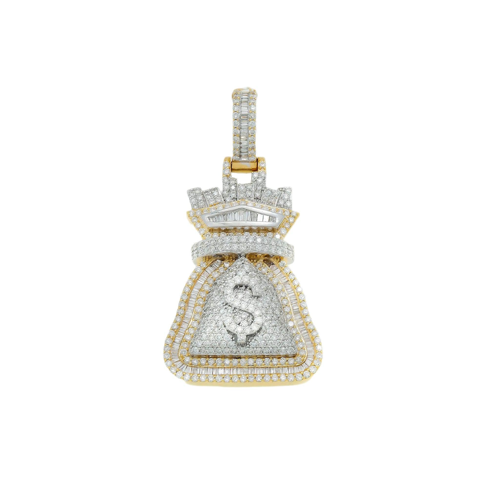 10K GOLD BAGUETTE DIAMOND MONEY BAG DOLLAR SIGN PENDANT 2.08 CT