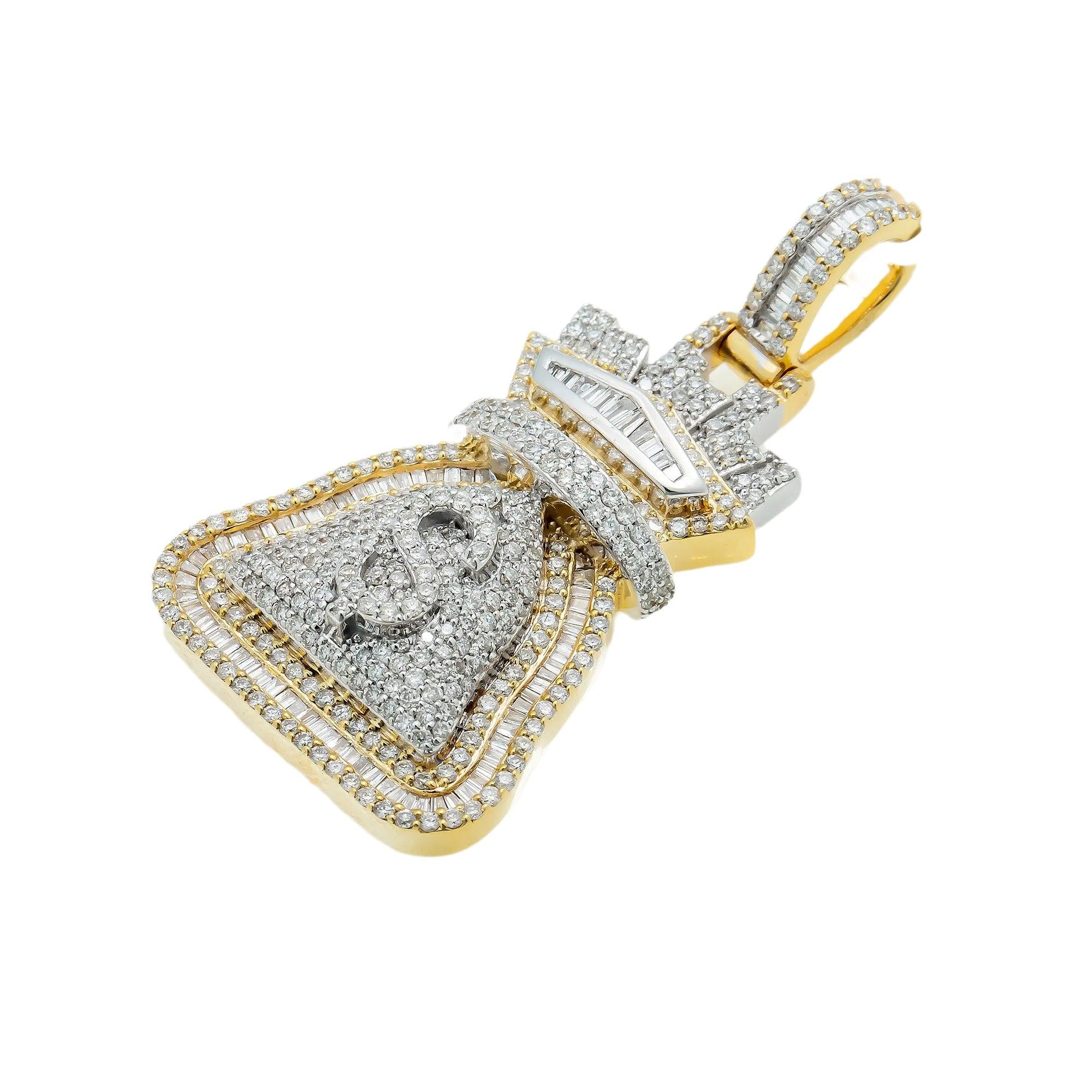10K GOLD BAGUETTE DIAMOND MONEY BAG DOLLAR SIGN PENDANT 2.08 CT