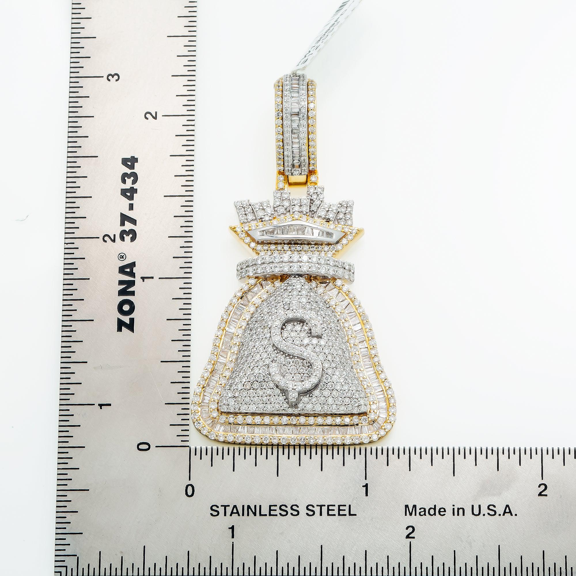 10K GOLD BAGUETTE DIAMOND MONEY BAG DOLLAR SIGN PENDANT 3.81 CT