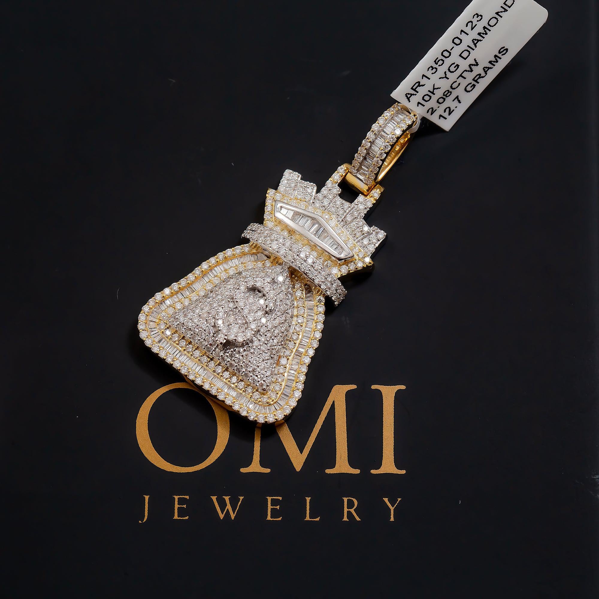 10K GOLD BAGUETTE DIAMOND MONEY BAG DOLLAR SIGN PENDANT 2.08 CT