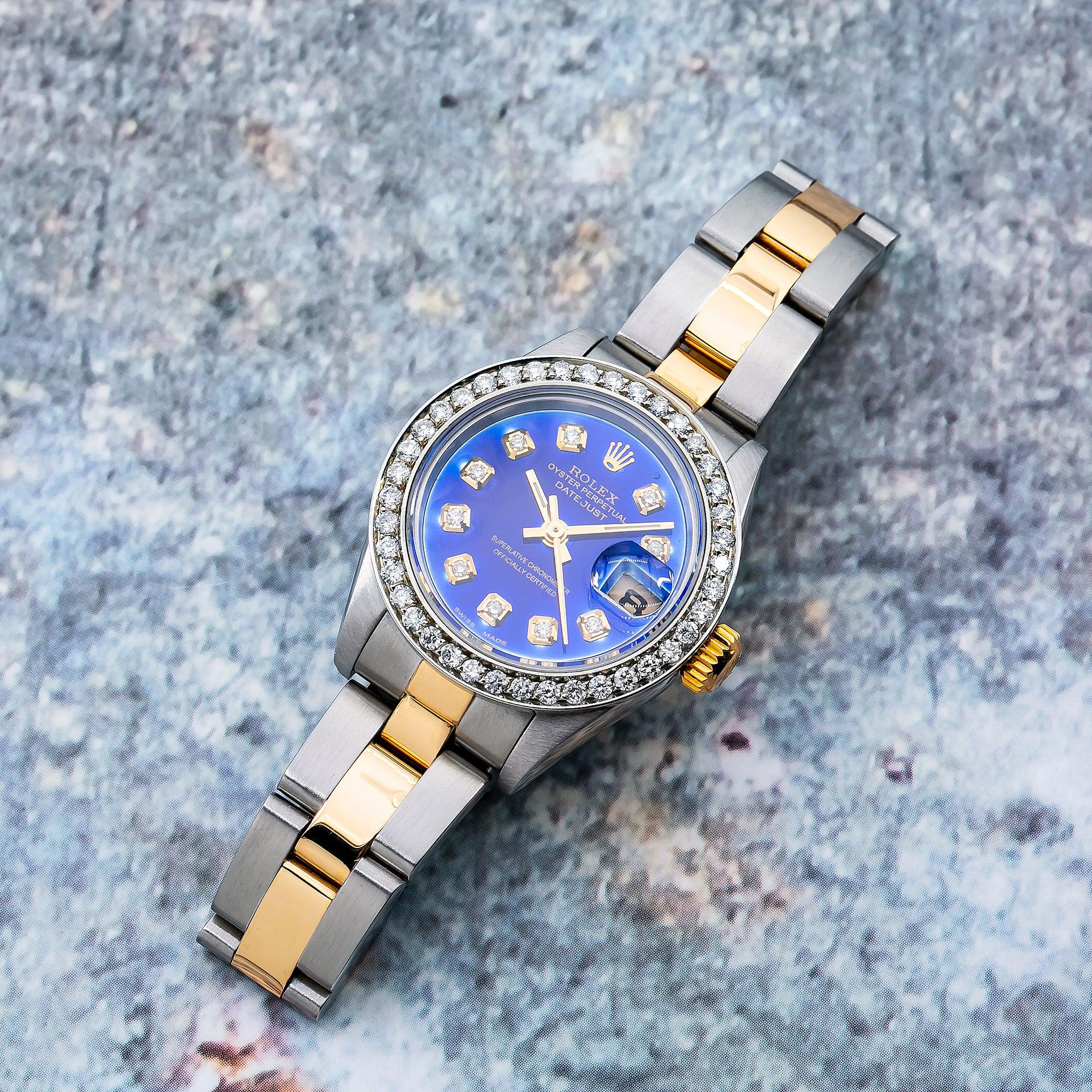 Rolex Datejust 26MM 6917 Blue Diamond Dial Diamond Bezel Two Tone Yellow Gold Oyster Bracelet