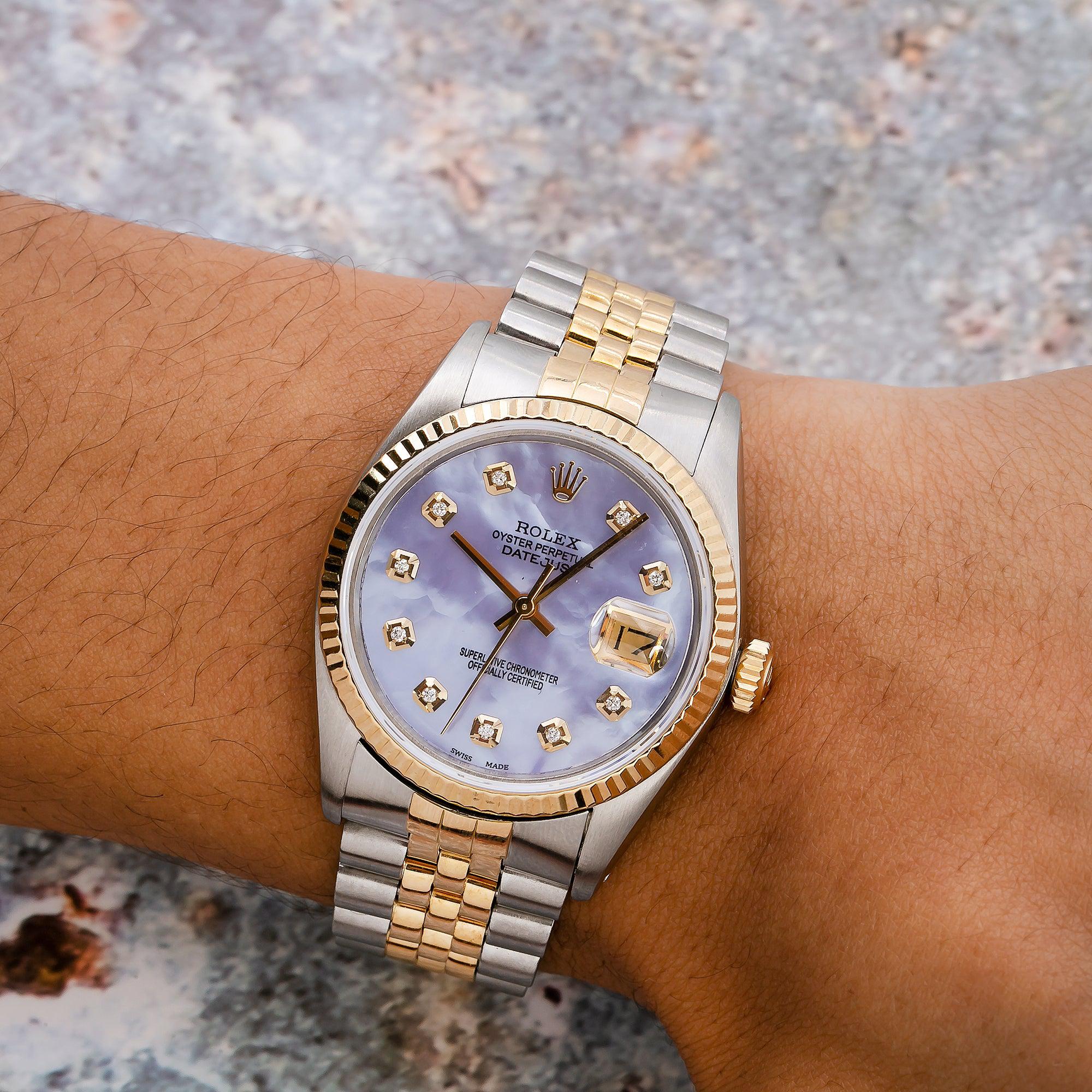 Rolex Datejust 36MM 16013 Blue Mother of Pearl Diamond Dial Fluted Bezel Two Tone Yellow Gold Jubilee Bracelet