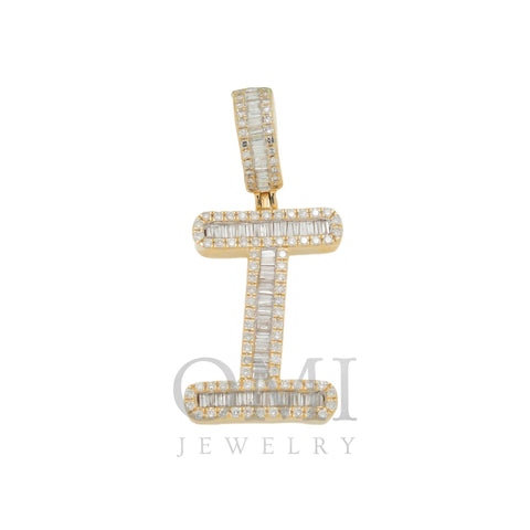 14K GOLD BAGUETTE AND ROUND DIAMOND INITIAL I PENDANT 1.60 CT