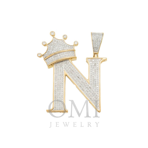 10K GOLD ROUND DIAMOND INITIAL N WITH CROWN PENDANT 1.15 CT