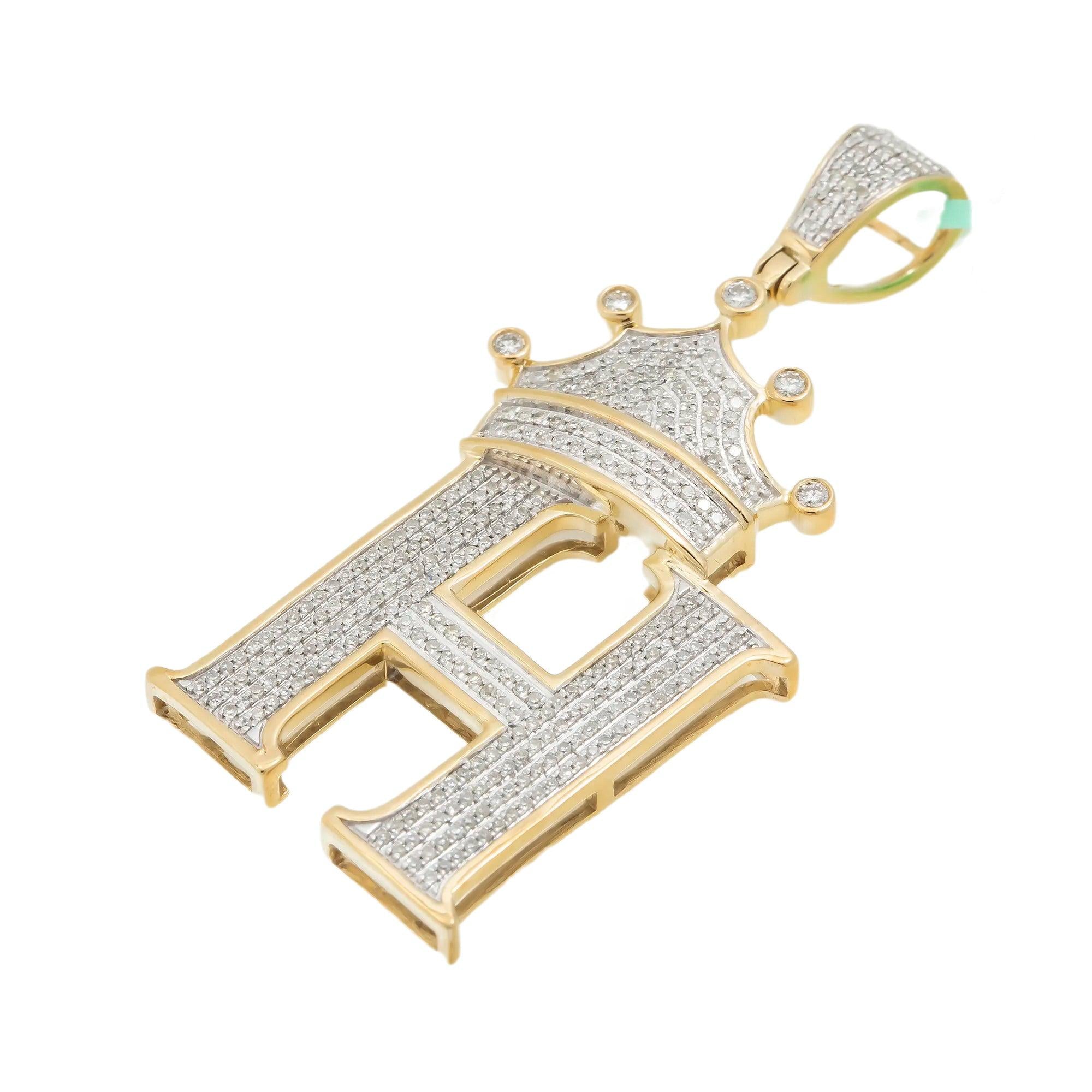 10K GOLD ROUND DIAMOND INITIAL H WITH CROWN PENDANT 0.90 CT