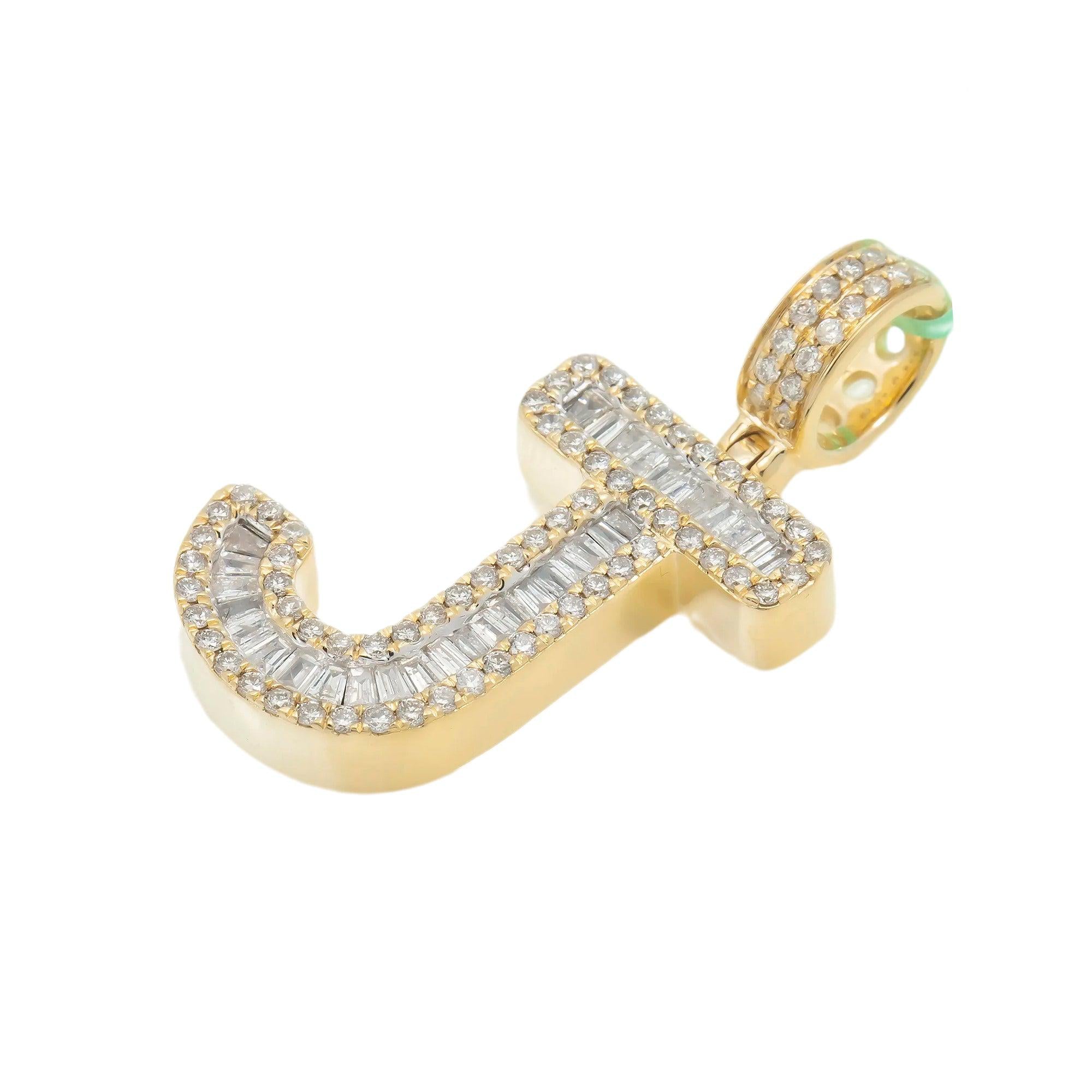 14K GOLD BAGUETTE AND ROUND DIAMOND INITIAL J PENDANT 1.60 CT